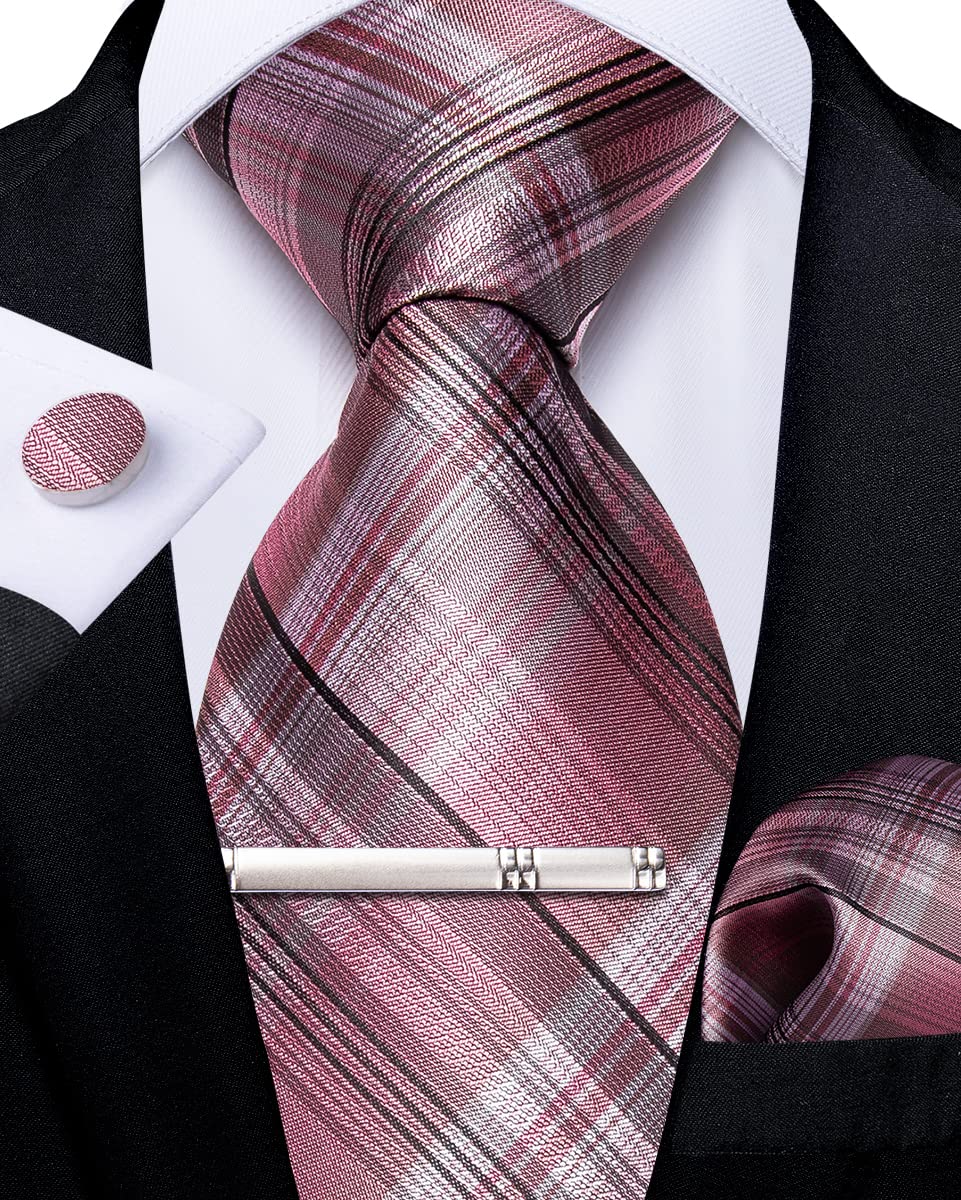Mens Silk Necktie Solid Color Tie and Pocket Square Cufflink Tie Clip Set Woven Plain Ties for Men Wedding Party