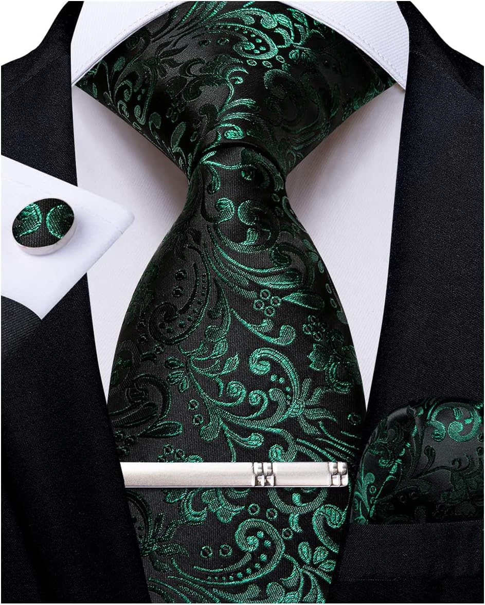 Paisley Ties for Men Silk Necktie and Pocket Square Cufflinks Tie Clip Set Woven Classic Mens Tie for Wedding Party