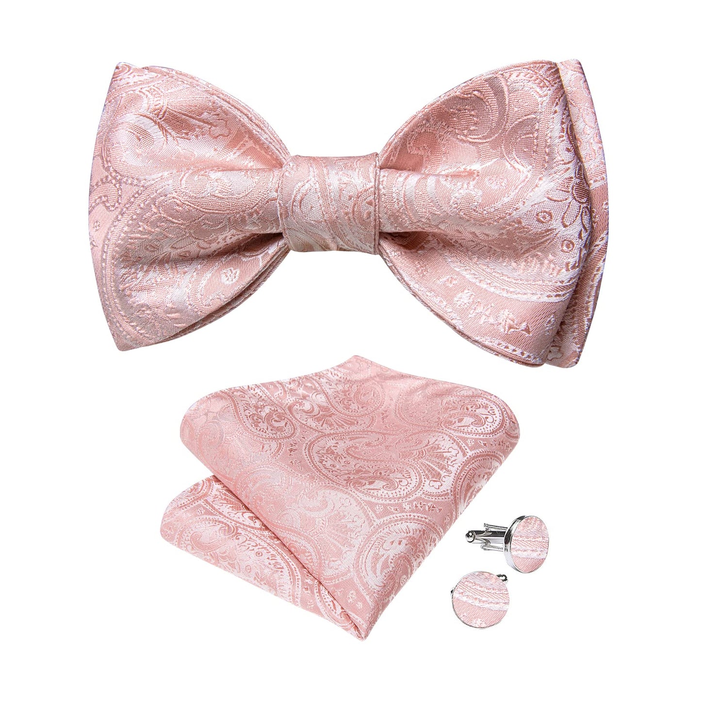 Mens Silk Self Bow Ties,Woven Solid Striped Paisley Bowtie and Pocket Square Cufflinks Set for Men Tuxedo Wedding