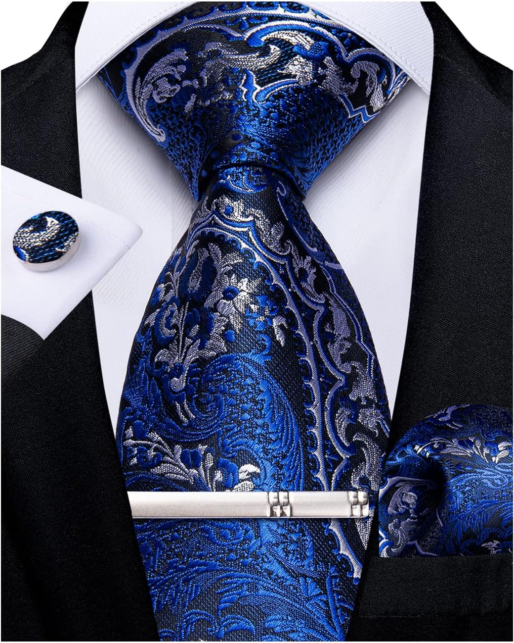 Paisley Ties for Men Silk Necktie and Pocket Square Cufflinks Tie Clip Set Woven Classic Mens Tie for Wedding Party