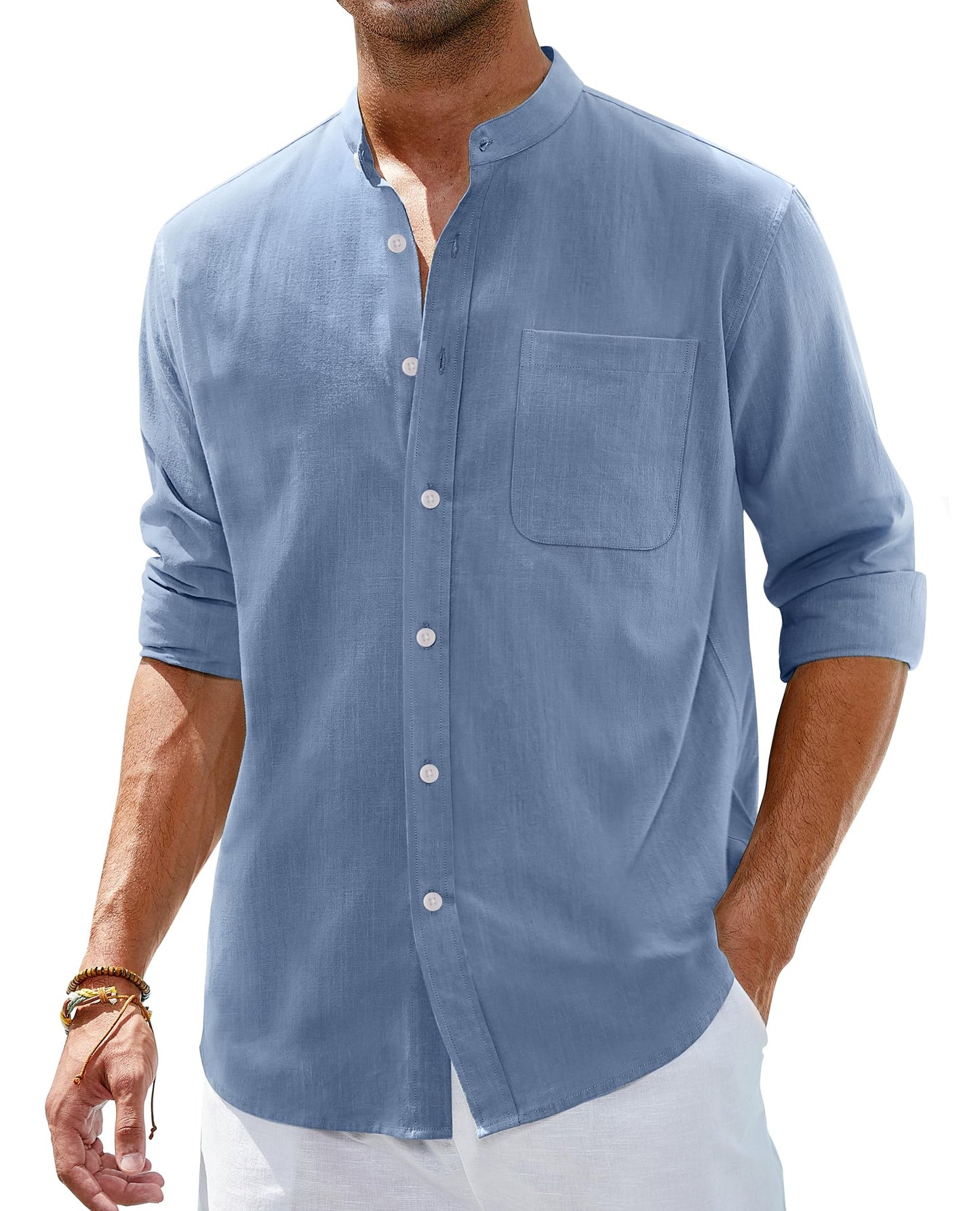 Alimens & Gentle Men's Cotton Linen Shirts Long Sleeve Button Down Shirt Band Collar Beach Shirts