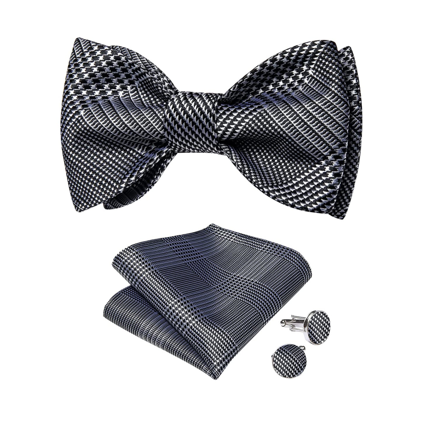 Mens Silk Self Bow Ties,Woven Solid Striped Paisley Bowtie and Pocket Square Cufflinks Set for Men Tuxedo Wedding