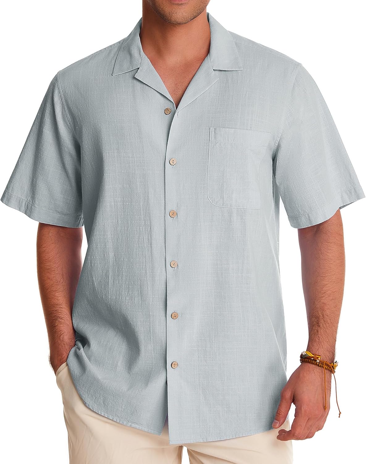 Alimens & Gentle Cuban Linen Shirts for Men Short Sleeve Button Down Shirt Cotton Summer Beach Camp Vacation Hawaiian Shirts