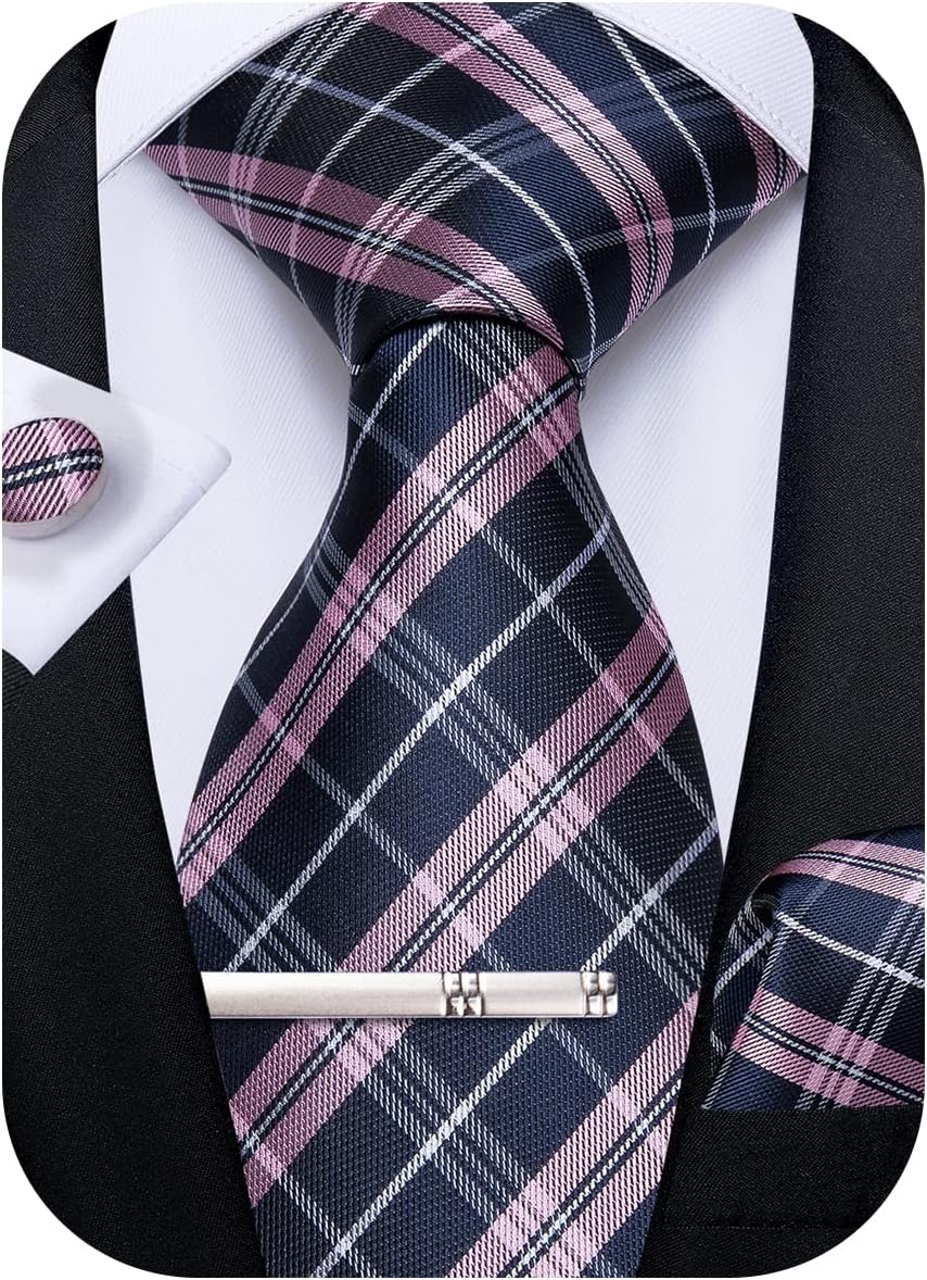 Plaid Ties for Men Silk Checkered Necktie and Pocket Square Cufflinks Tie Clip Set with Gift Box for Wedding Business