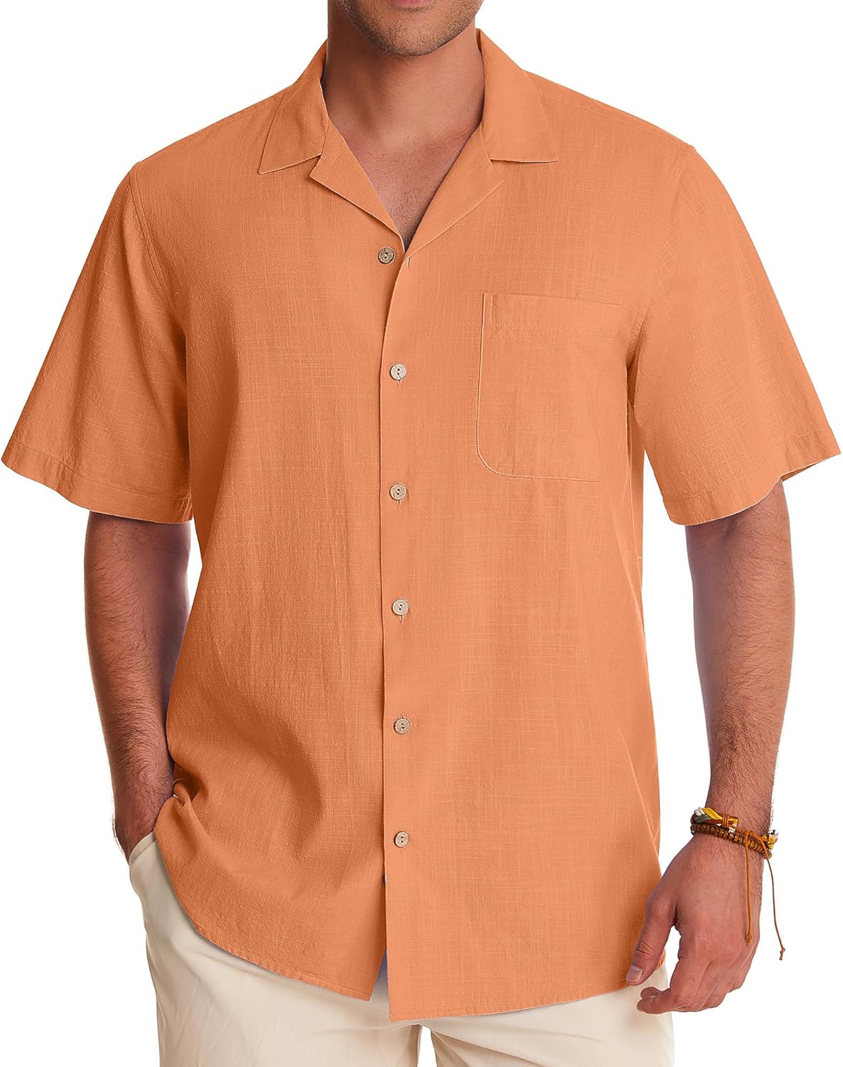 Alimens & Gentle Cuban Linen Shirts for Men Short Sleeve Button Down Shirt Cotton Summer Beach Camp Vacation Hawaiian Shirts