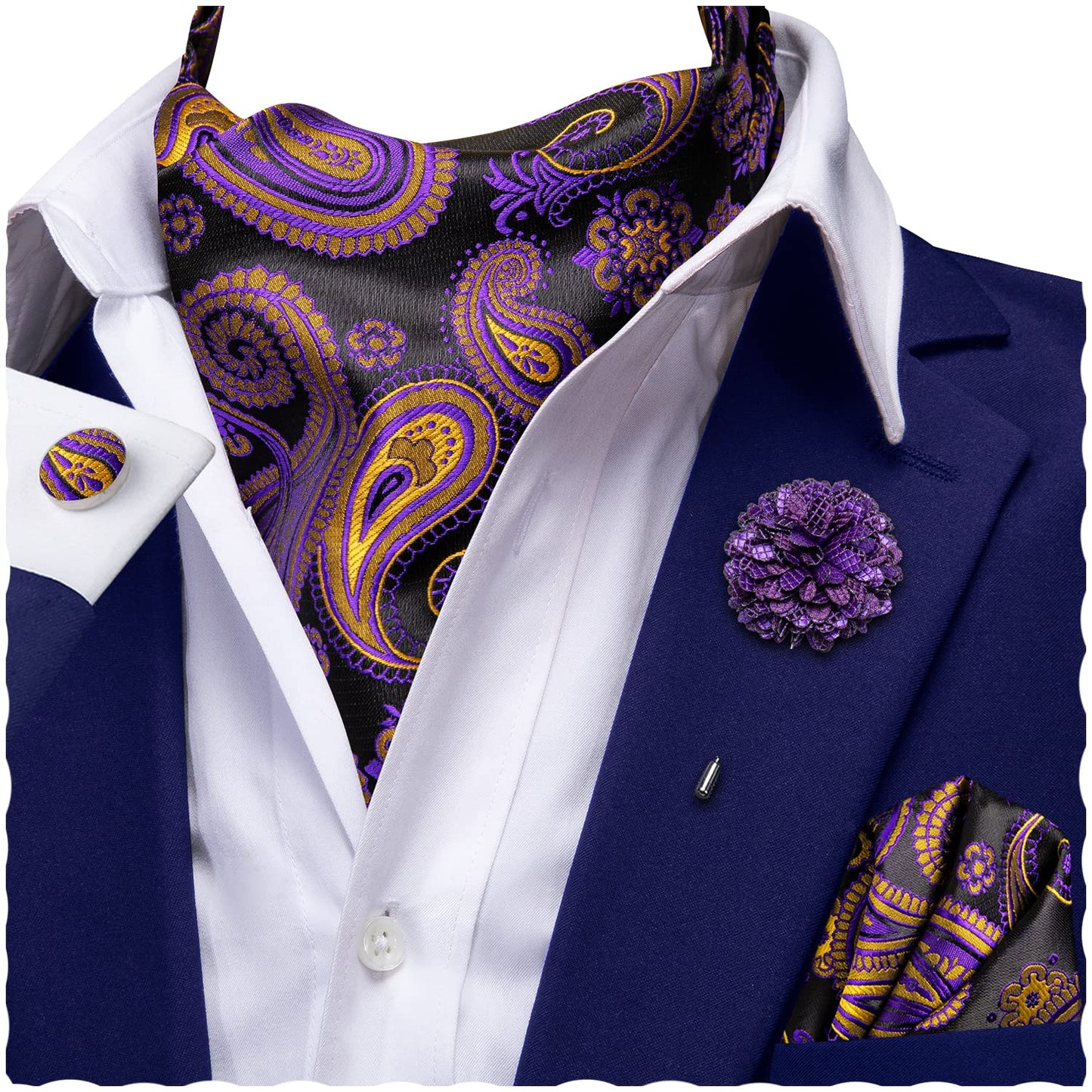 Ascot for Men Silk Cravat Handkerchief Cufflinks Lapel Pin Scarf Tie Sets Wedding Party Formal