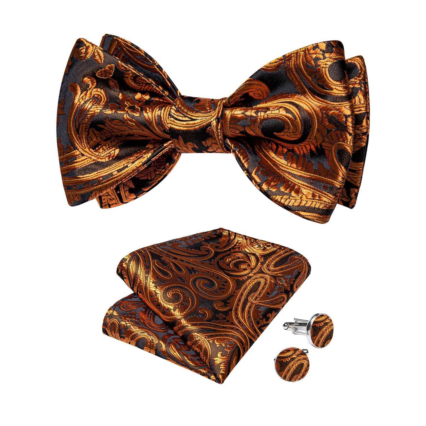 Mens Silk Self Bow Ties,Woven Solid Striped Paisley Bowtie and Pocket Square Cufflinks Set for Men Tuxedo Wedding
