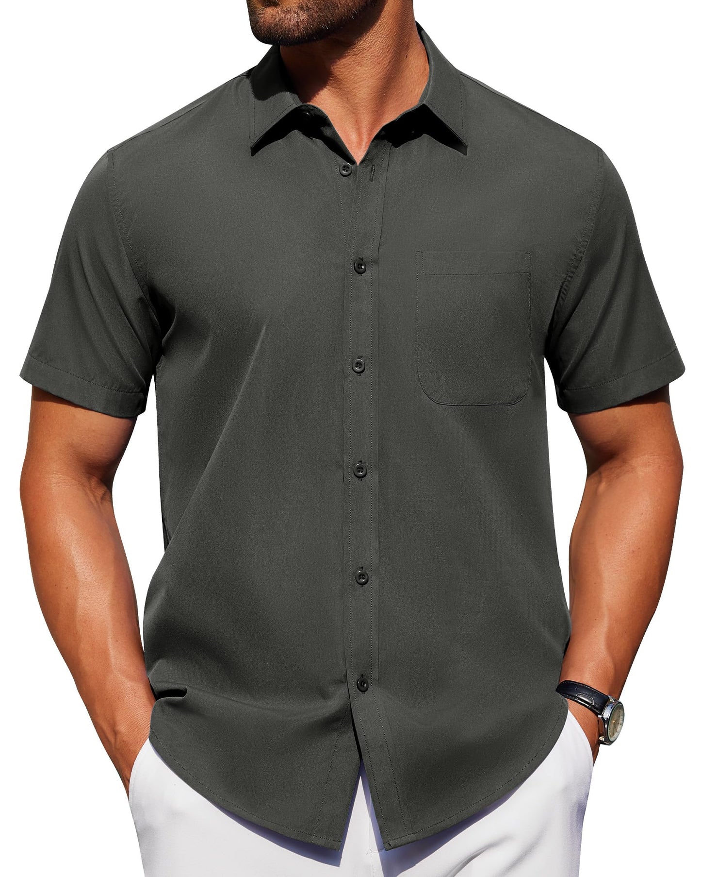 Alimens & Gentle Mens Short Sleeve Dress Shirt Wrinkle Free Solid Casual Button Down Shirts for Summer Business Wedding
