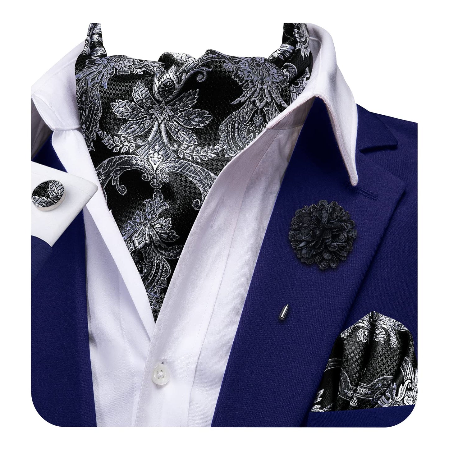 Ascot for Men Silk Cravat Handkerchief Cufflinks Lapel Pin Scarf Tie Sets Wedding Party Formal