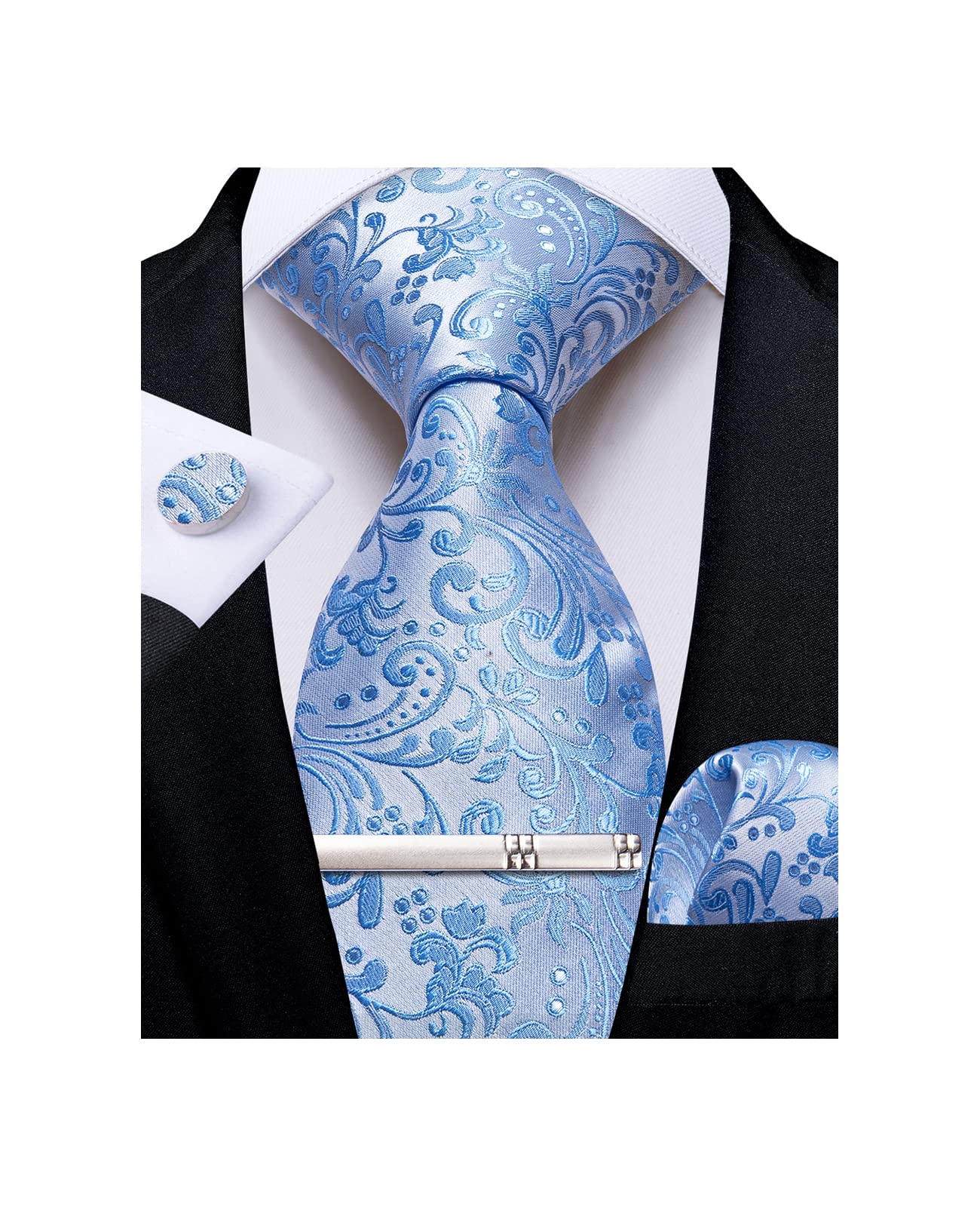 Silk Floral Ties for Men Woven Paisley Necktie and Tie Clip Handkerchief Cufflinks Set for Party Wedding