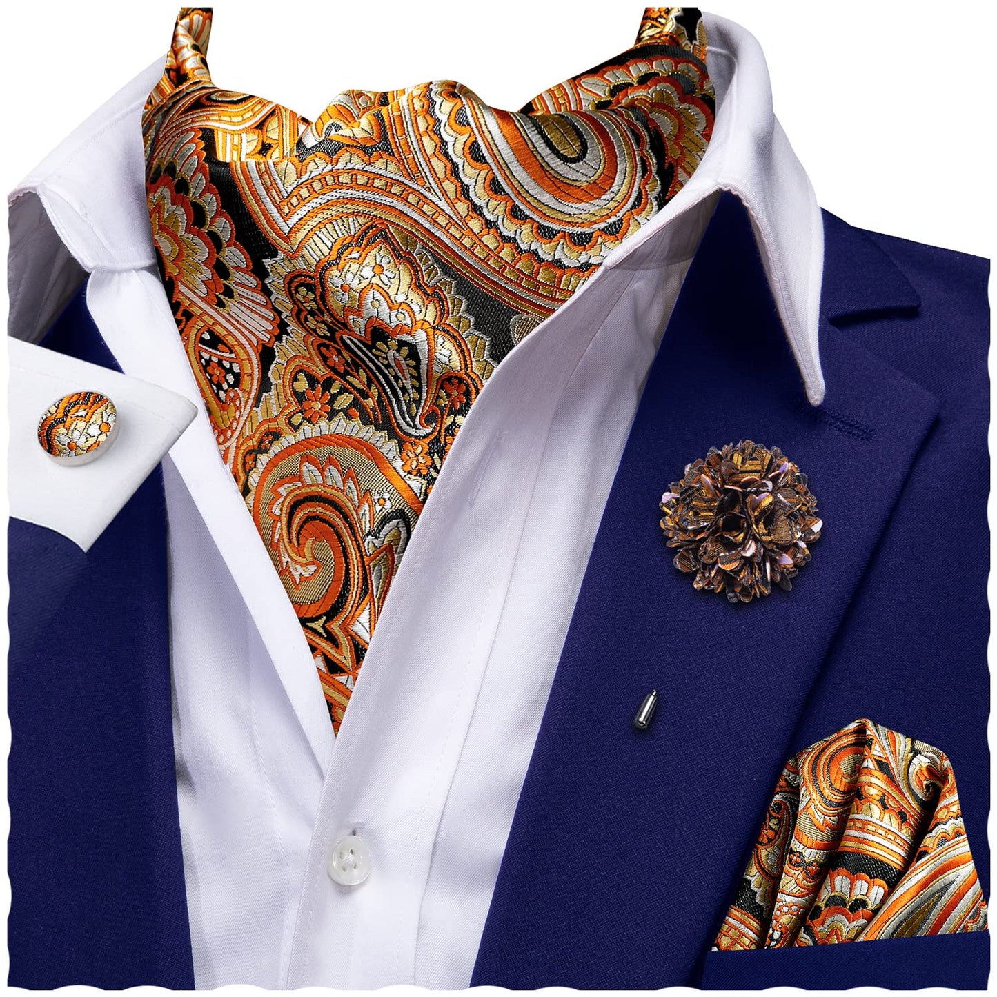Ascot for Men Silk Cravat Handkerchief Cufflinks Lapel Pin Scarf Tie Sets Wedding Party Formal