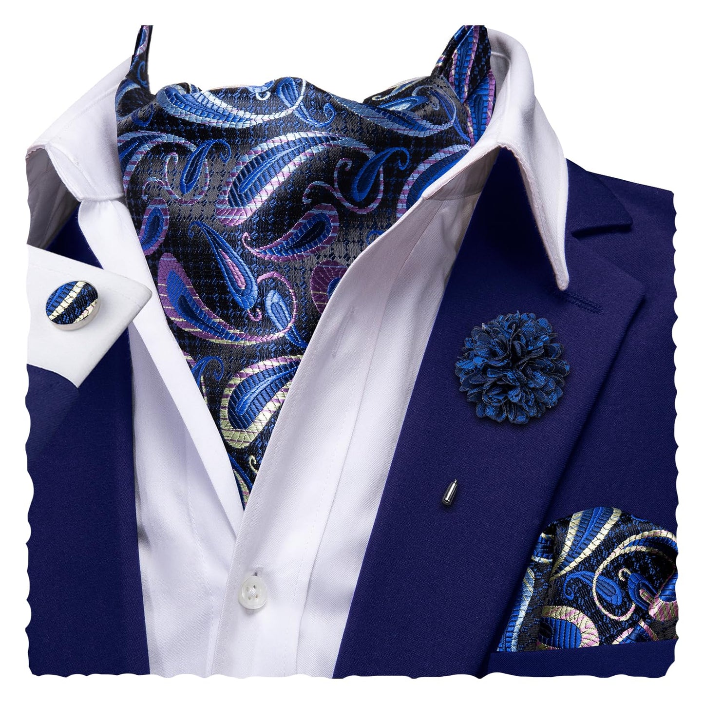 Ascot for Men Silk Cravat Handkerchief Cufflinks Lapel Pin Scarf Tie Sets Wedding Party Formal