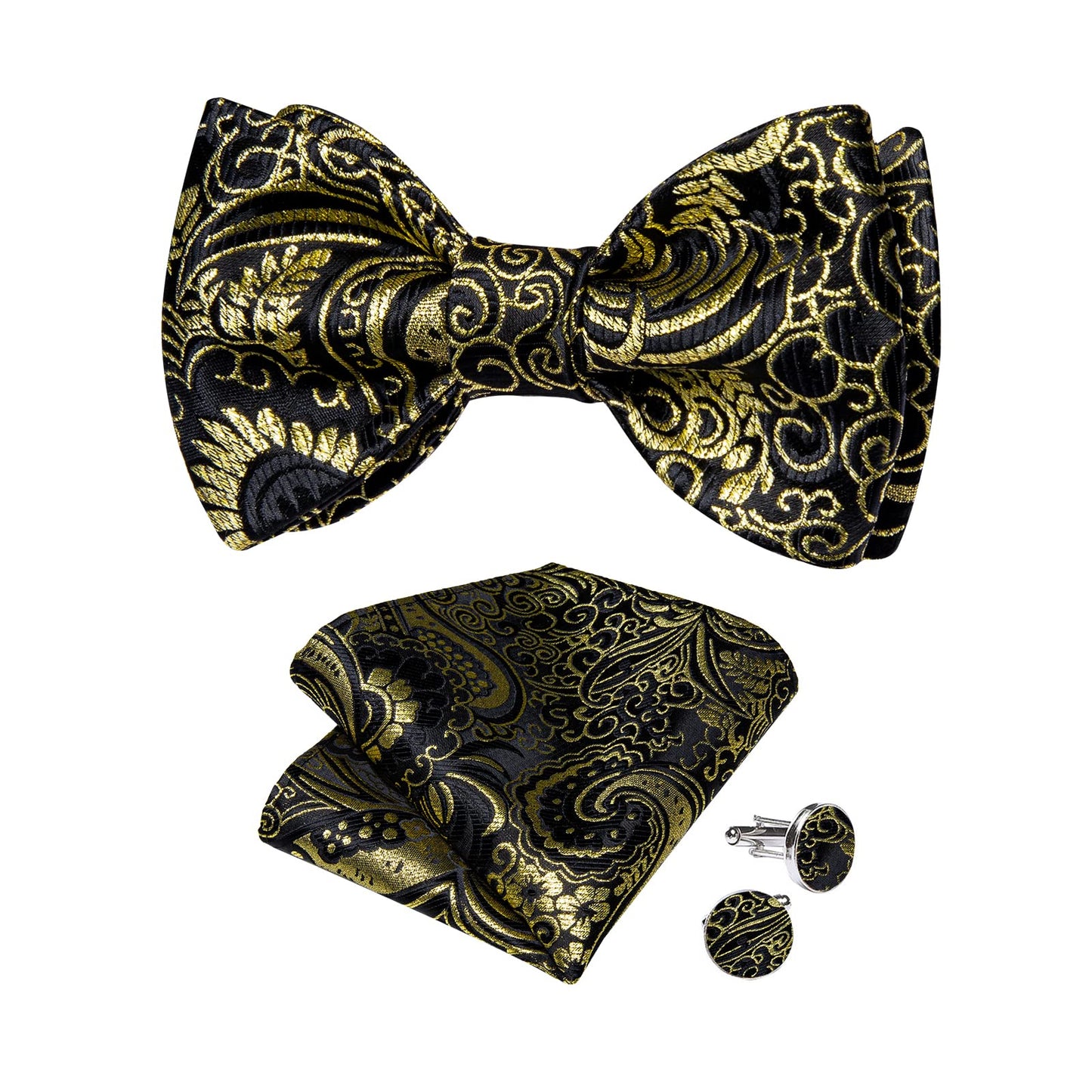 Mens Silk Self Bow Ties,Woven Solid Striped Paisley Bowtie and Pocket Square Cufflinks Set for Men Tuxedo Wedding
