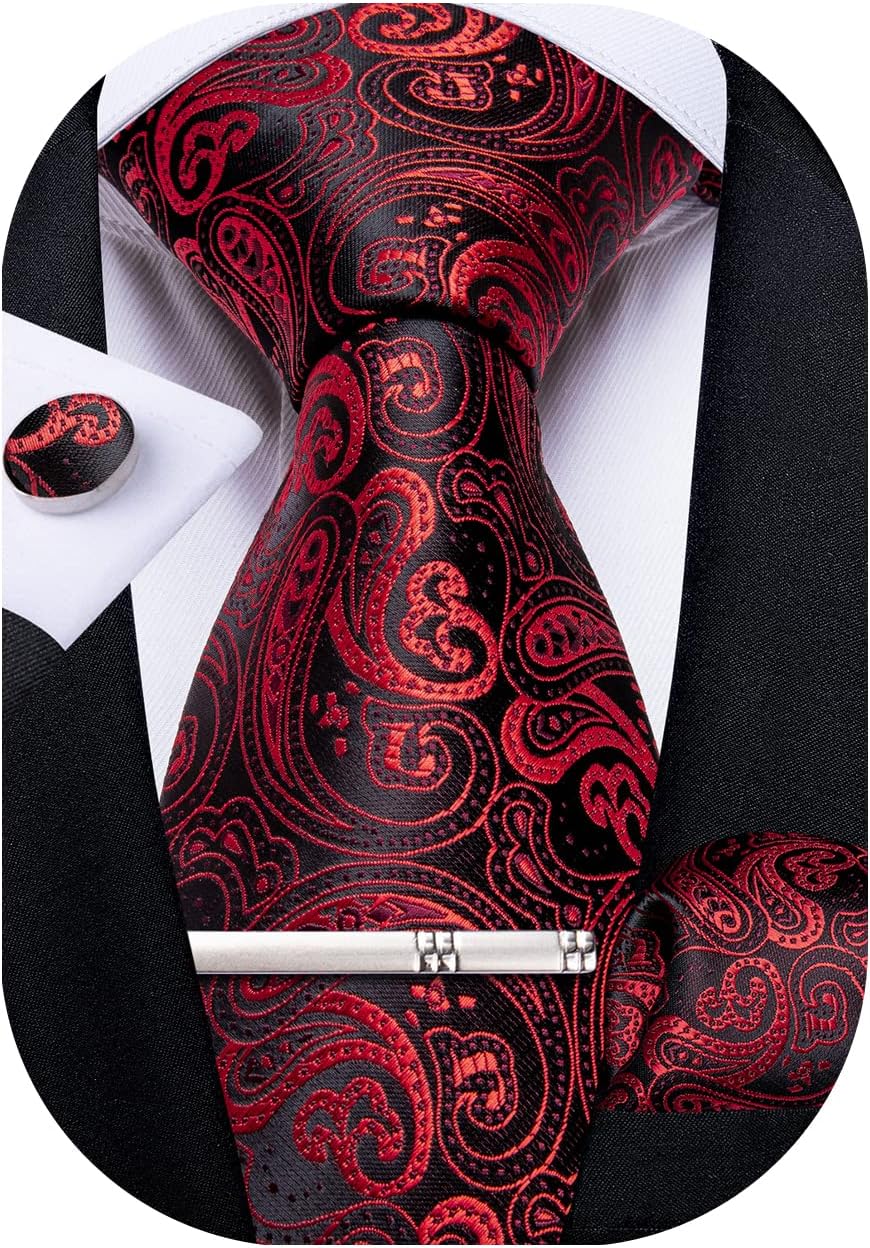 Paisley Ties for Men Silk Necktie and Pocket Square Cufflinks Tie Clip Set Woven Classic Mens Tie for Wedding Party