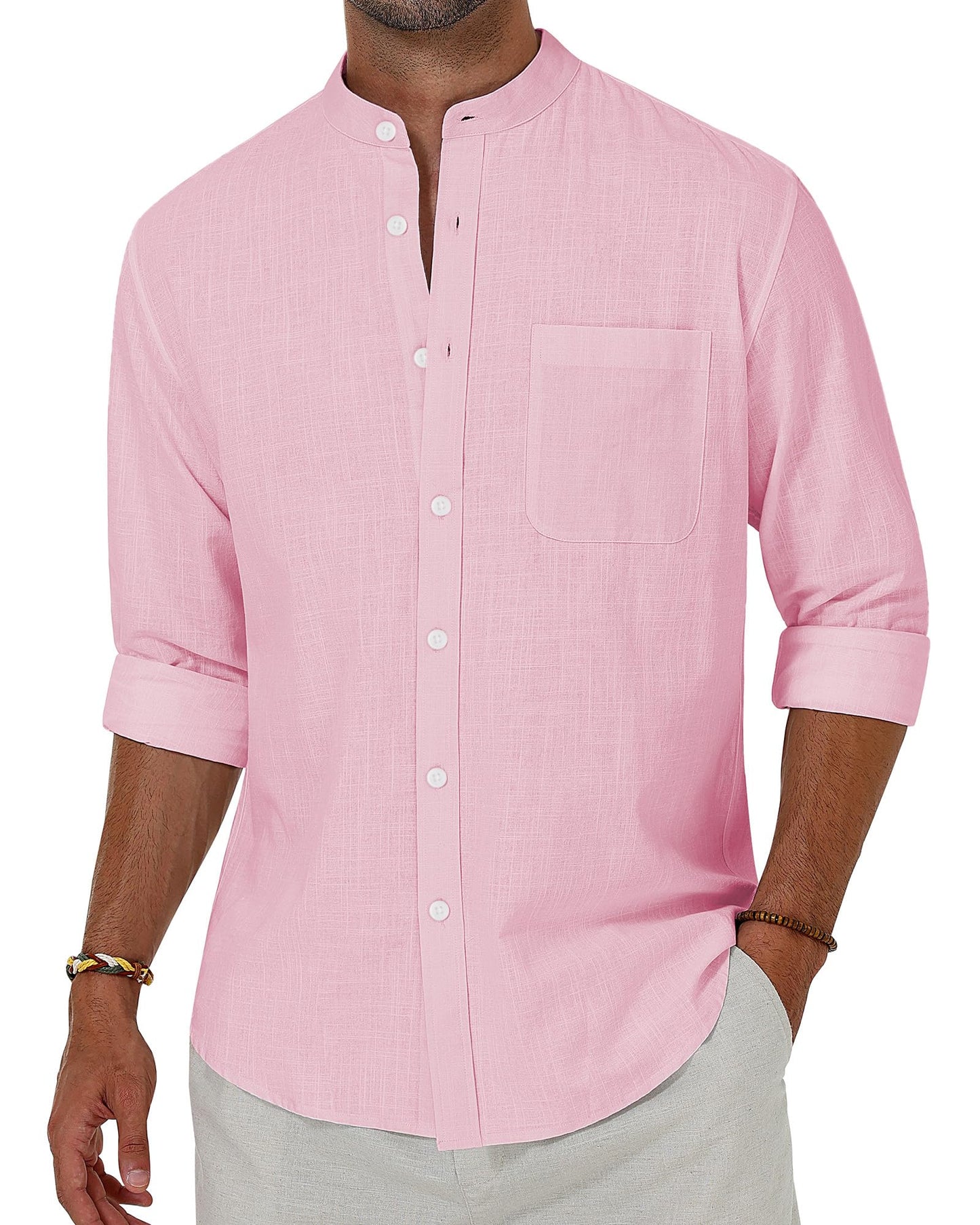 Alimens & Gentle Men's Cotton Linen Shirts Long Sleeve Button Down Shirt Band Collar Beach Shirts