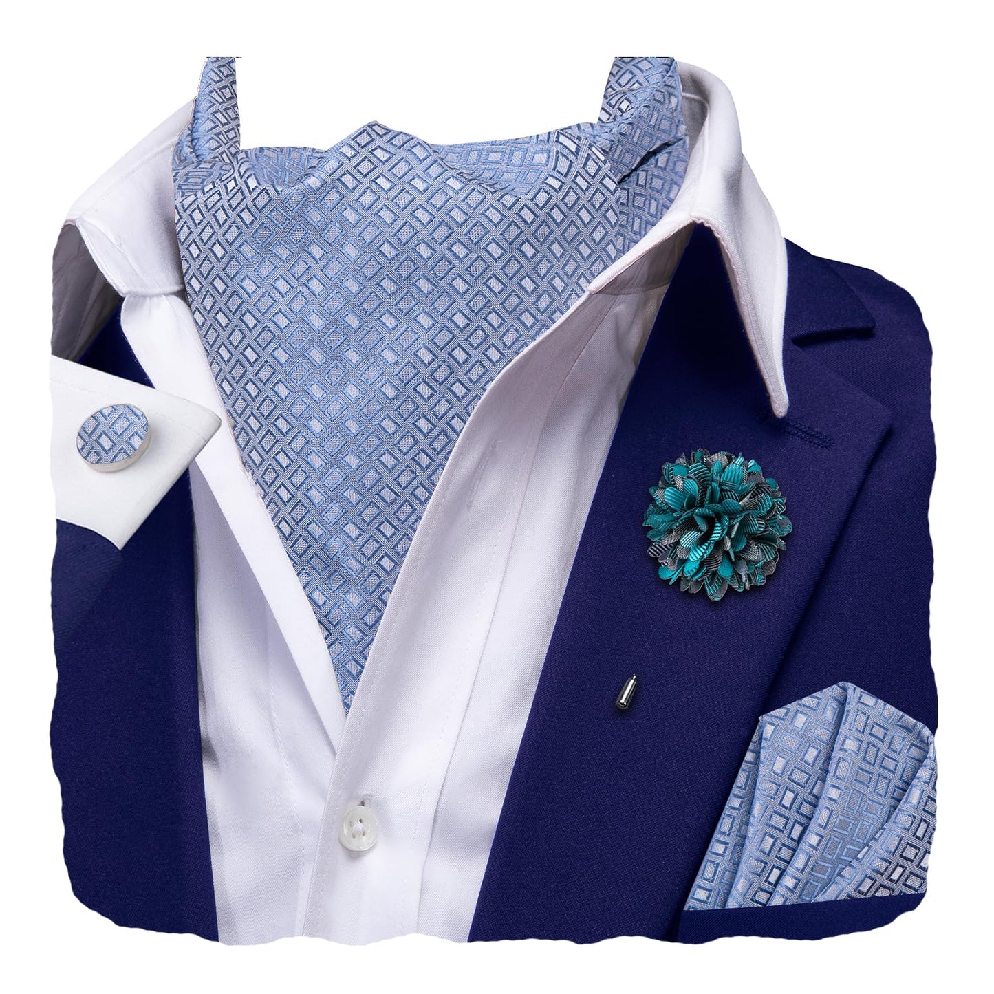 Silk Ascot for Men Self Tie Men's Cravat and Flower Lapel Pin Handkerchief Cufflinks Set for Wedding Party