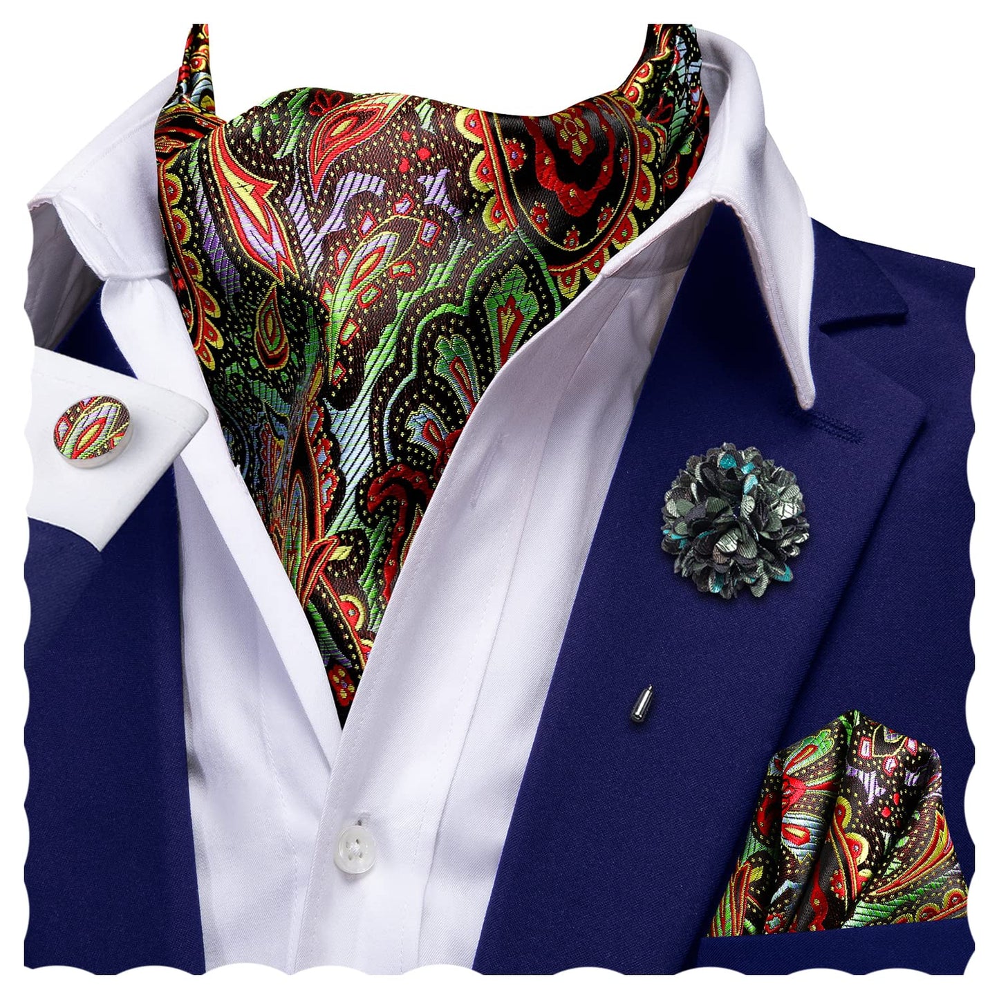Ascot for Men Silk Cravat Handkerchief Cufflinks Lapel Pin Scarf Tie Sets Wedding Party Formal