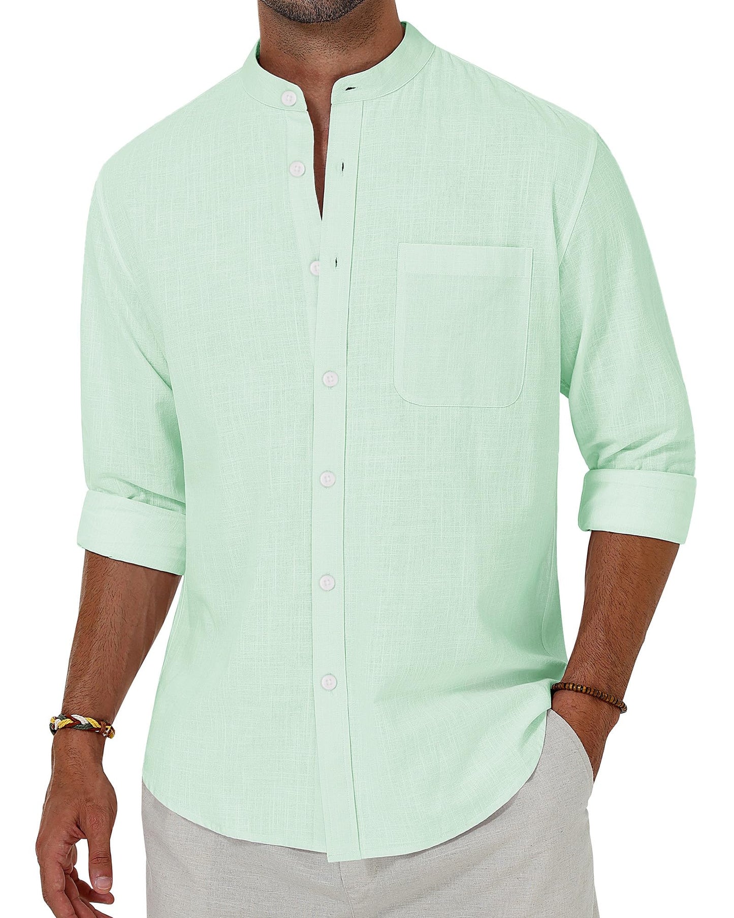 Alimens & Gentle Men's Cotton Linen Shirts Long Sleeve Button Down Shirt Band Collar Beach Shirts