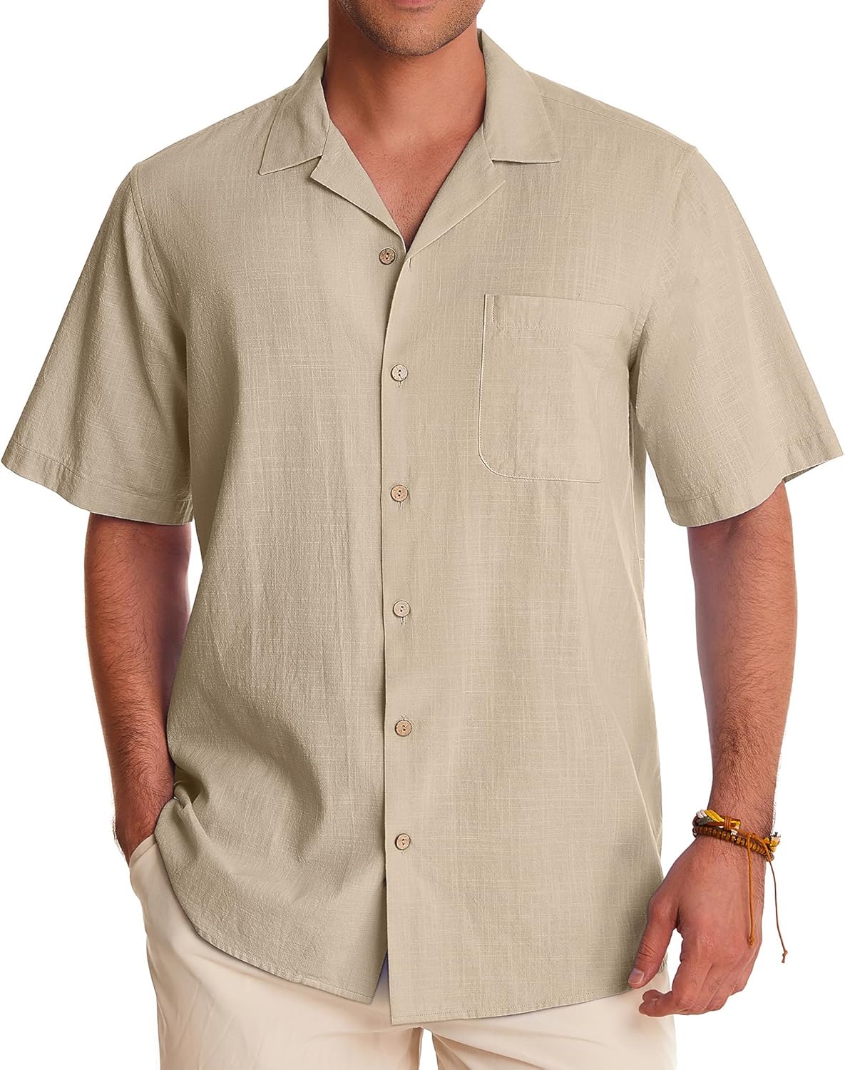 Alimens & Gentle Cuban Linen Shirts for Men Short Sleeve Button Down Shirt Cotton Summer Beach Camp Vacation Hawaiian Shirts