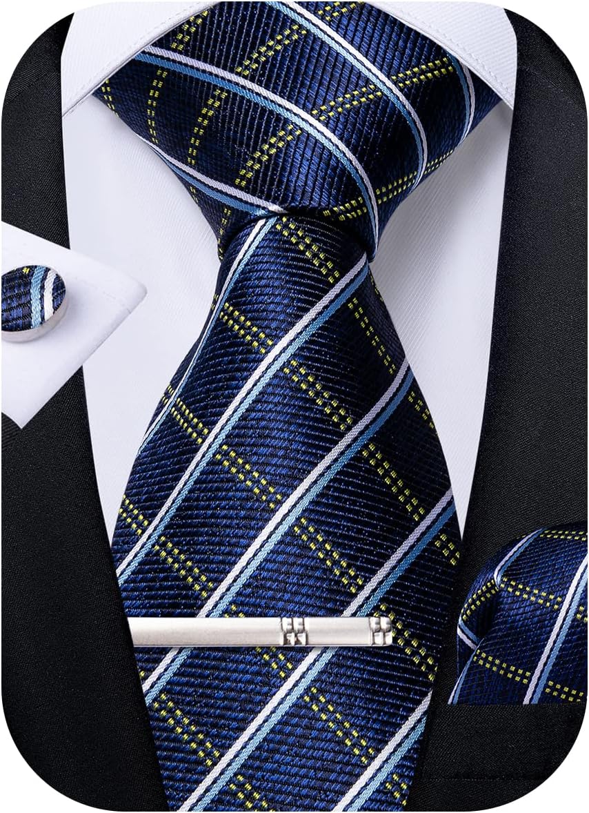 Plaid Ties for Men Silk Checkered Necktie and Pocket Square Cufflinks Tie Clip Set with Gift Box for Wedding Business