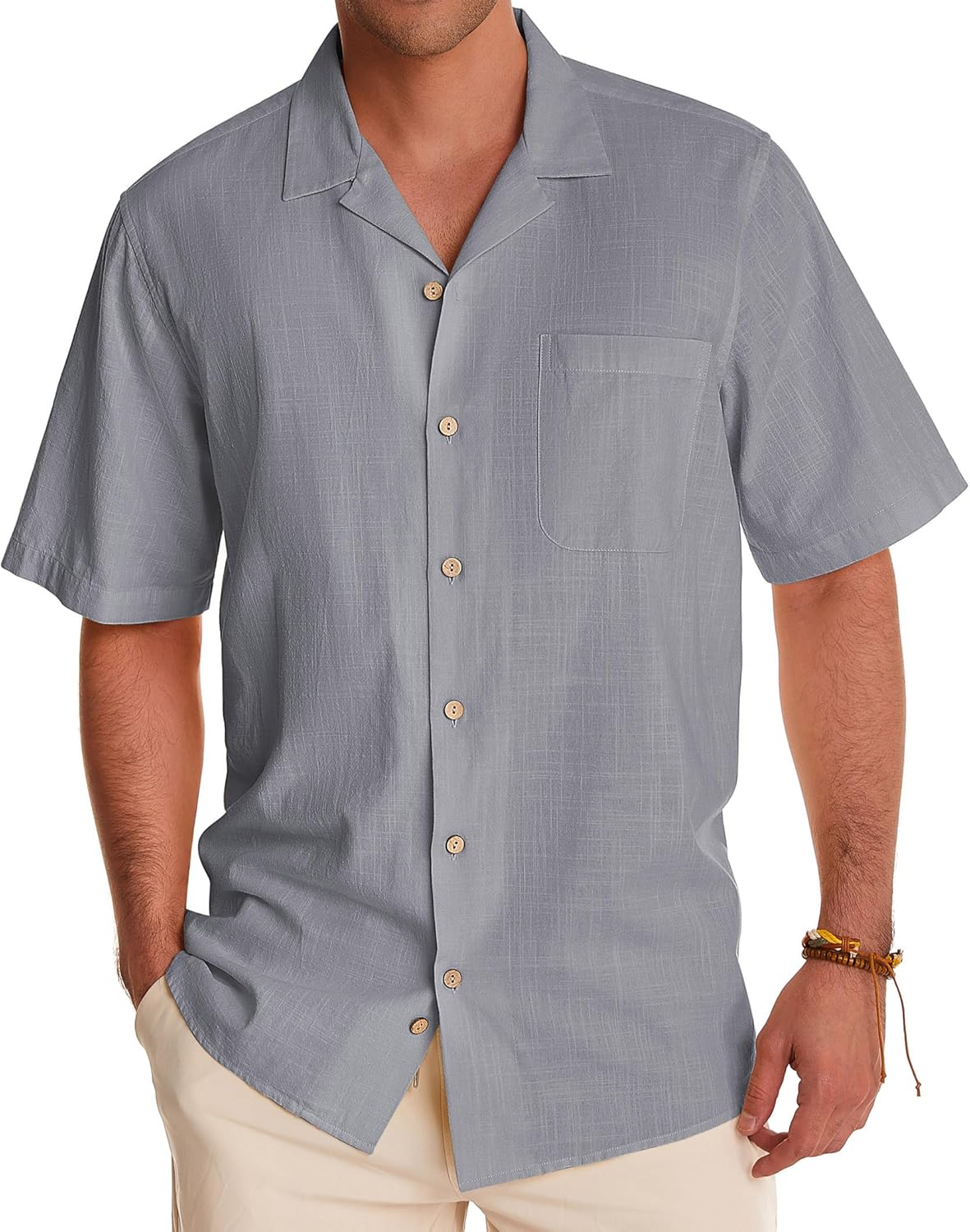 Alimens & Gentle Cuban Linen Shirts for Men Short Sleeve Button Down Shirt Cotton Summer Beach Camp Vacation Hawaiian Shirts