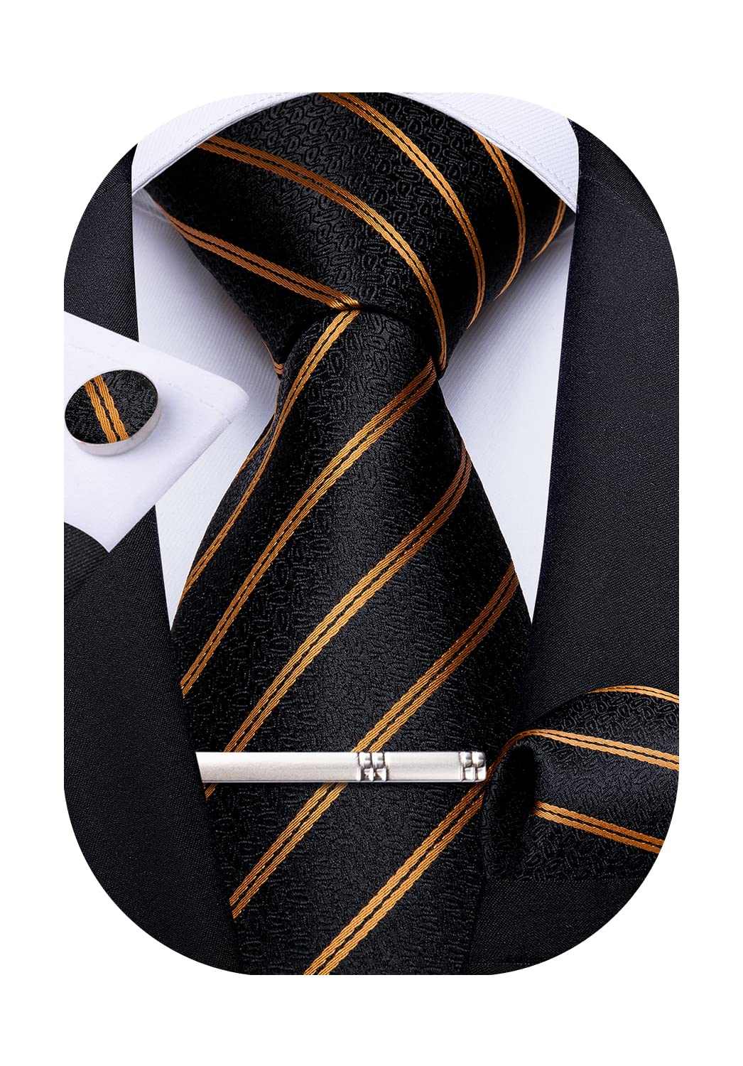 Mens Striped Tie Silk Woven Necktie and Pocket Square Cufflinks Tie Clip Set Wedding Business Formal Gift Tie for Men