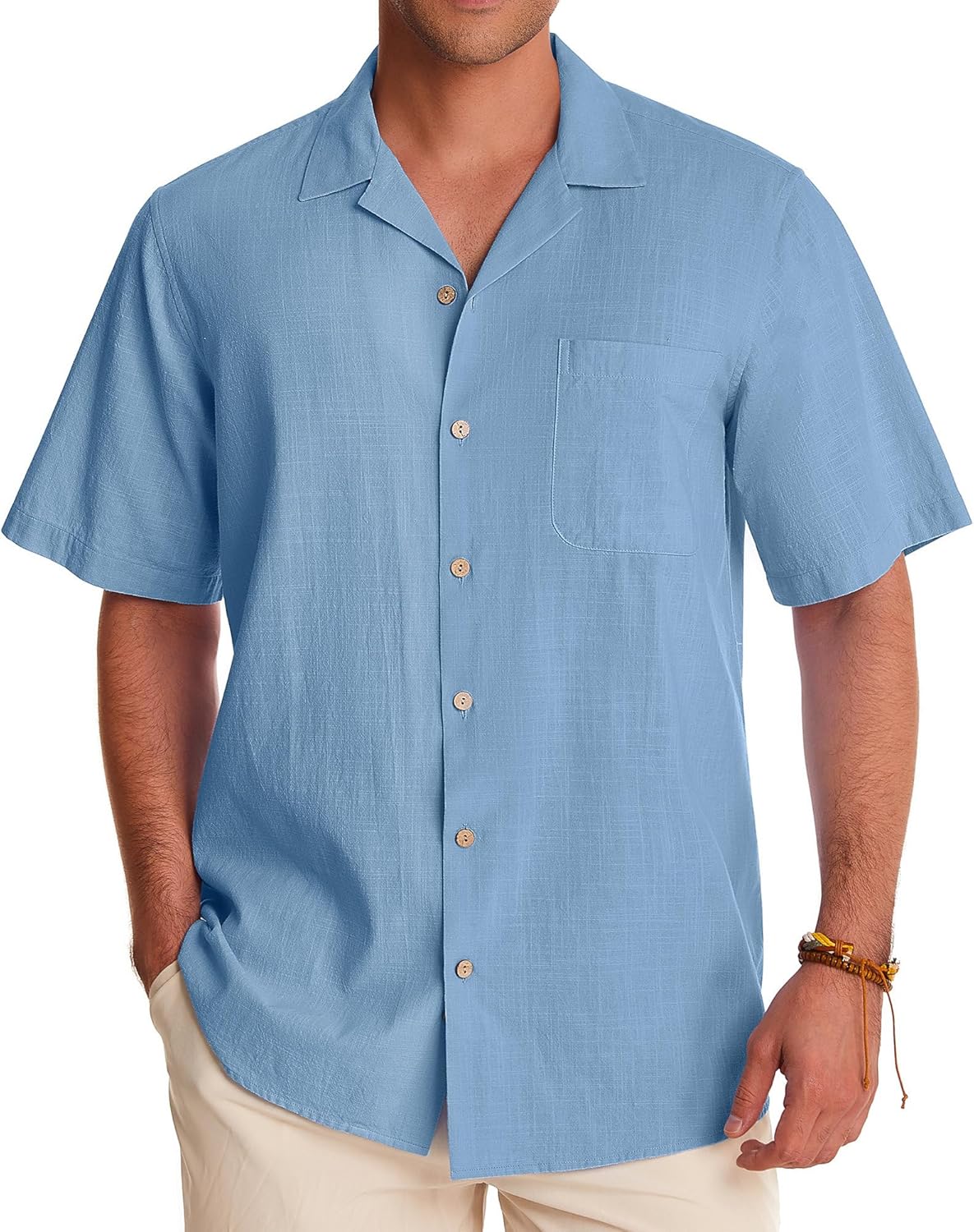 Alimens & Gentle Cuban Linen Shirts for Men Short Sleeve Button Down Shirt Cotton Summer Beach Camp Vacation Hawaiian Shirts