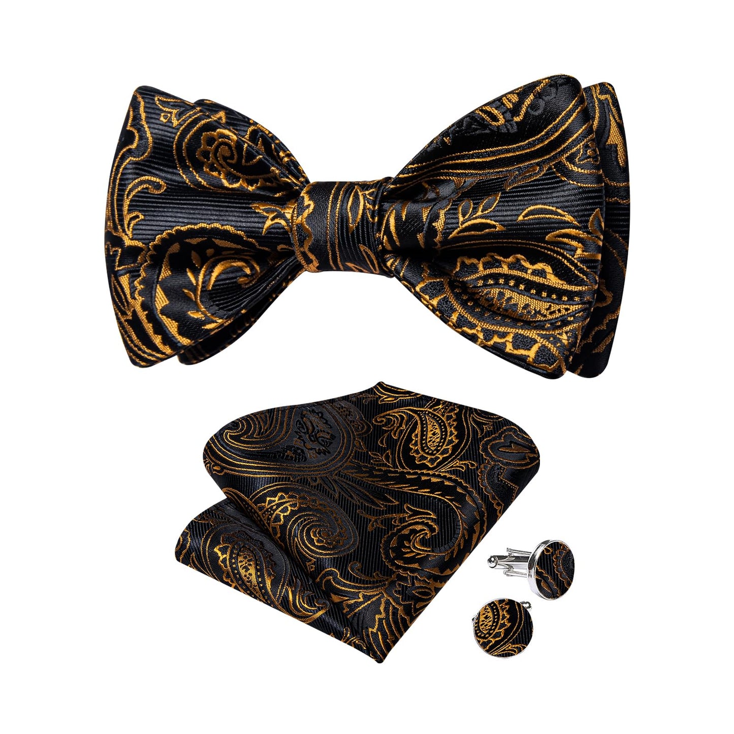 Mens Silk Self Bow Ties,Woven Solid Striped Paisley Bowtie and Pocket Square Cufflinks Set for Men Tuxedo Wedding