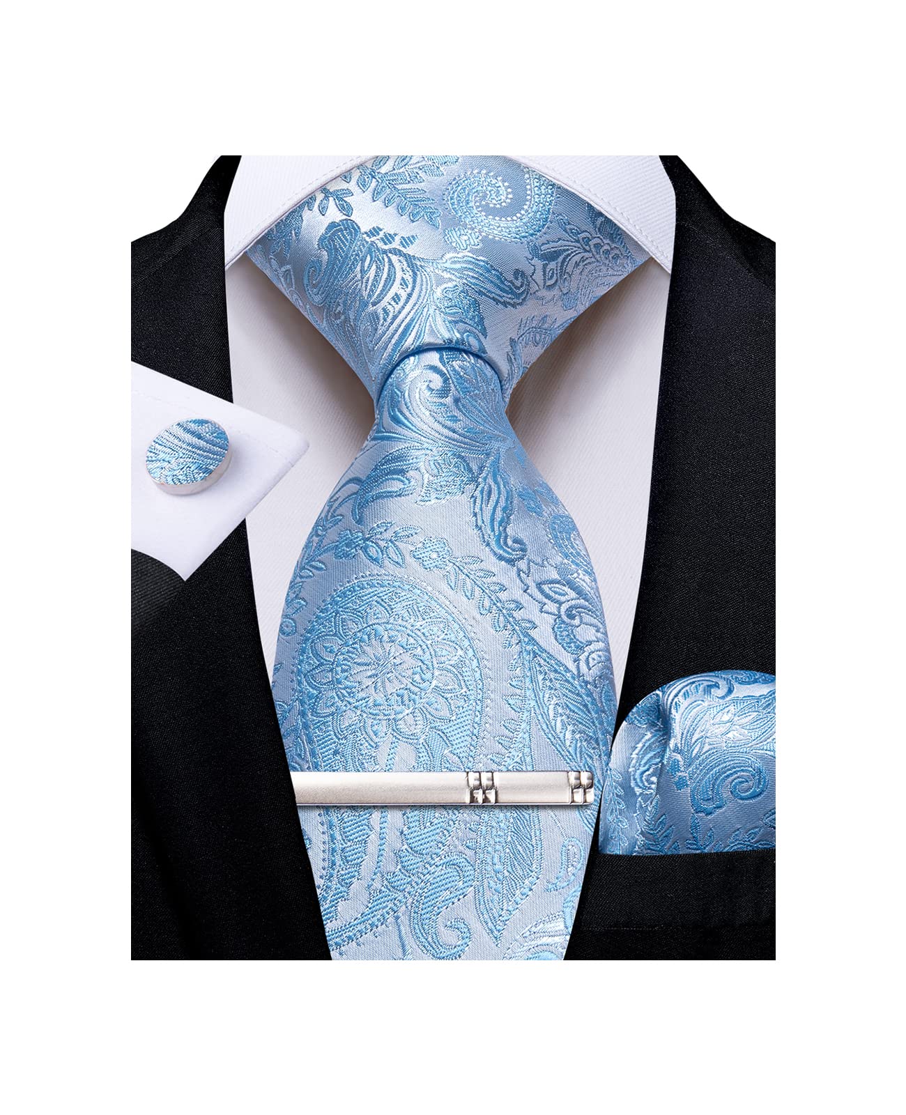 Silk Floral Ties for Men Woven Paisley Necktie and Tie Clip Handkerchief Cufflinks Set for Party Wedding
