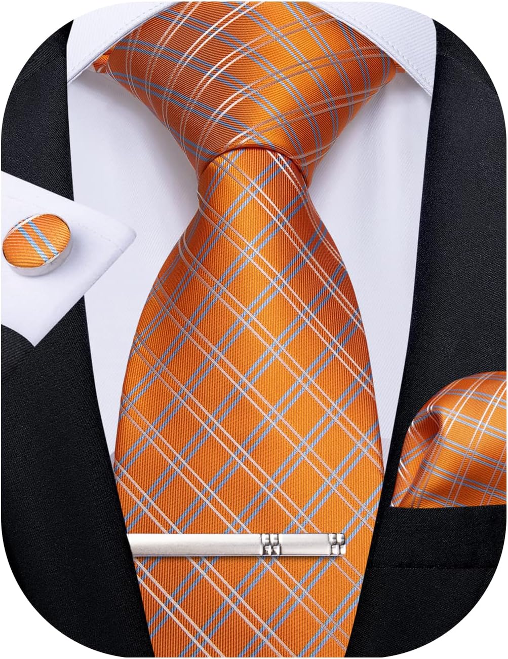 Plaid Ties for Men Silk Checkered Necktie and Pocket Square Cufflinks Tie Clip Set with Gift Box for Wedding Business