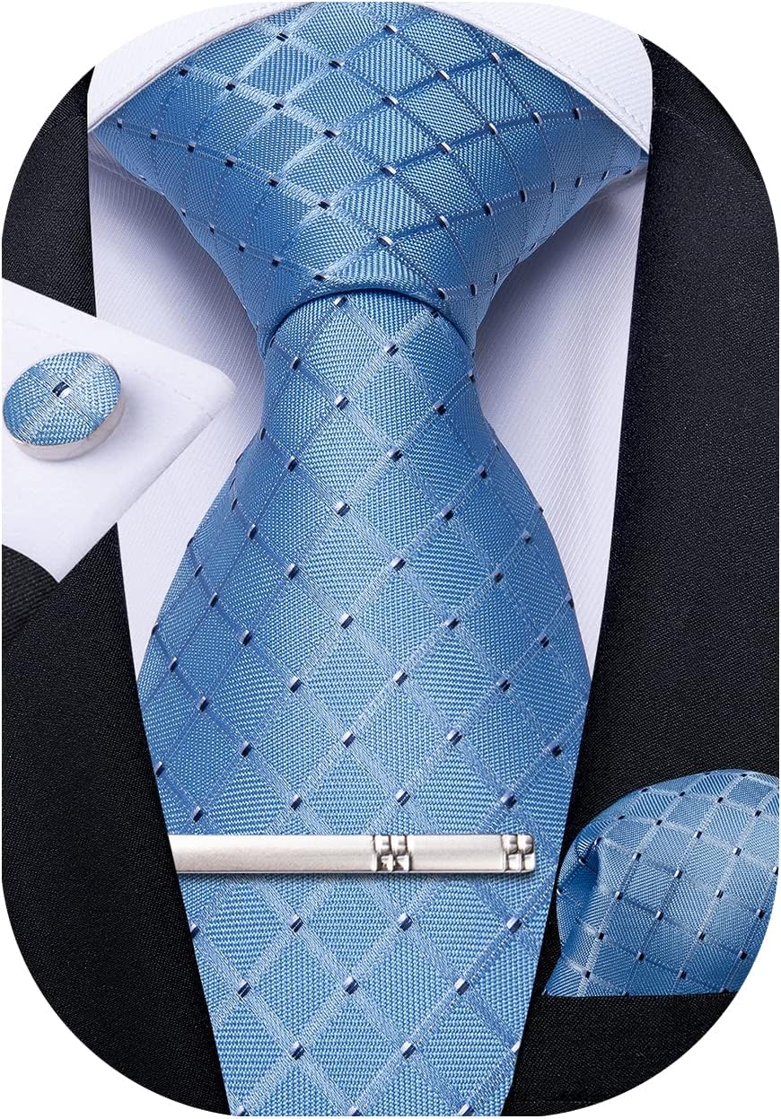 Plaid Ties for Men Silk Checkered Necktie and Pocket Square Cufflinks Tie Clip Set with Gift Box for Wedding Business
