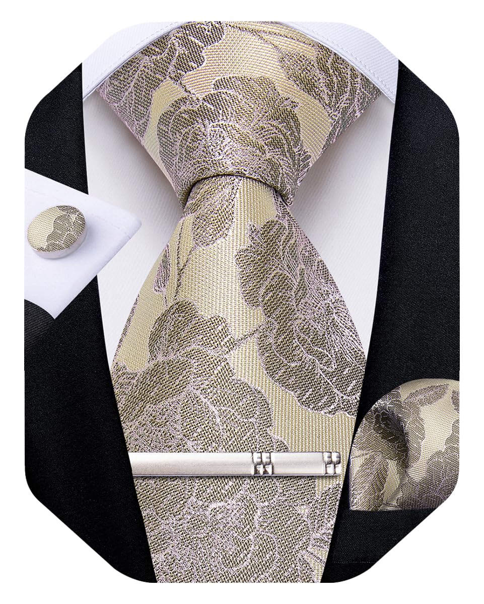 Silk Floral Ties for Men Woven Paisley Necktie and Tie Clip Handkerchief Cufflinks Set for Party Wedding