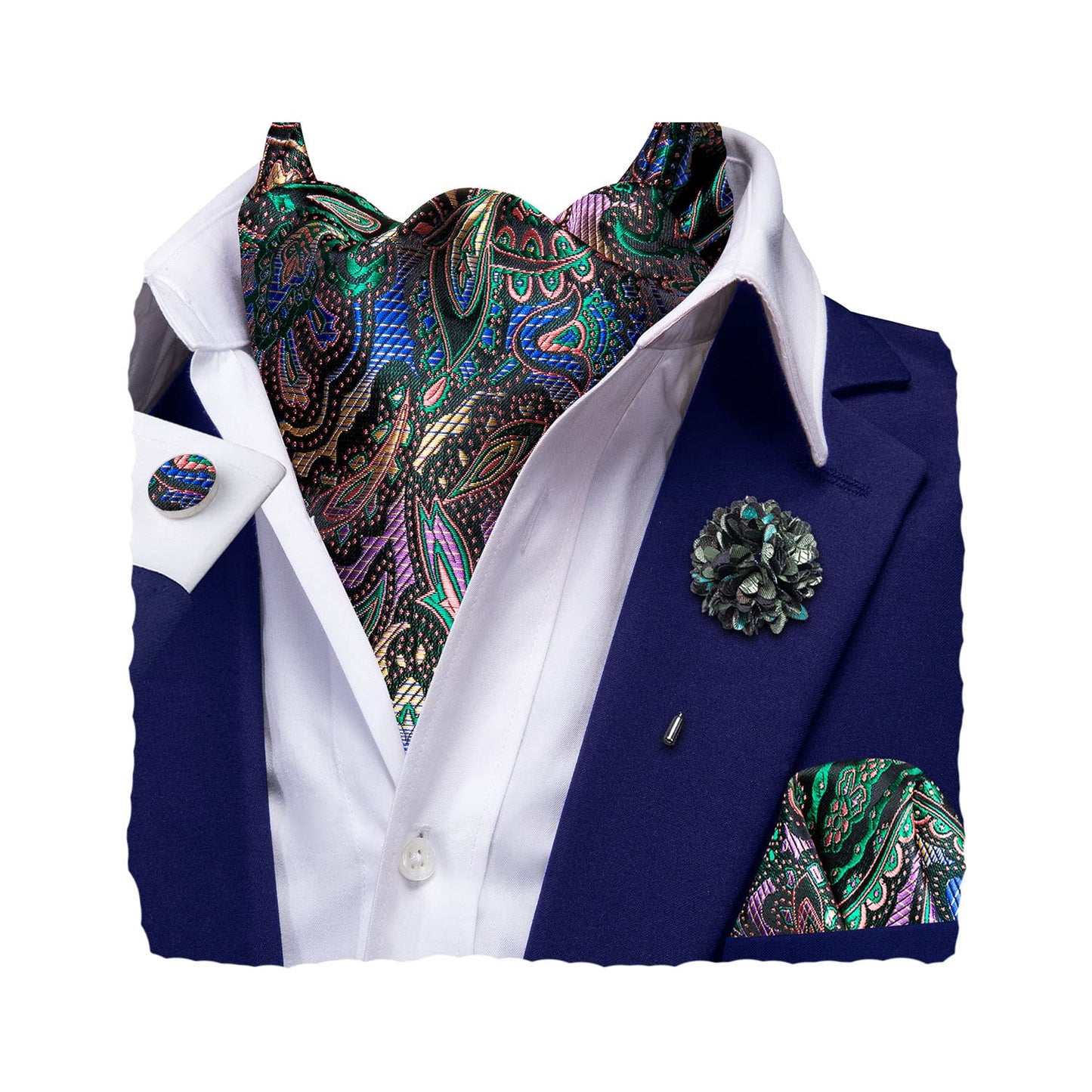 Silk Ascot for Men Self Tie Men's Cravat and Flower Lapel Pin Handkerchief Cufflinks Set for Wedding Party
