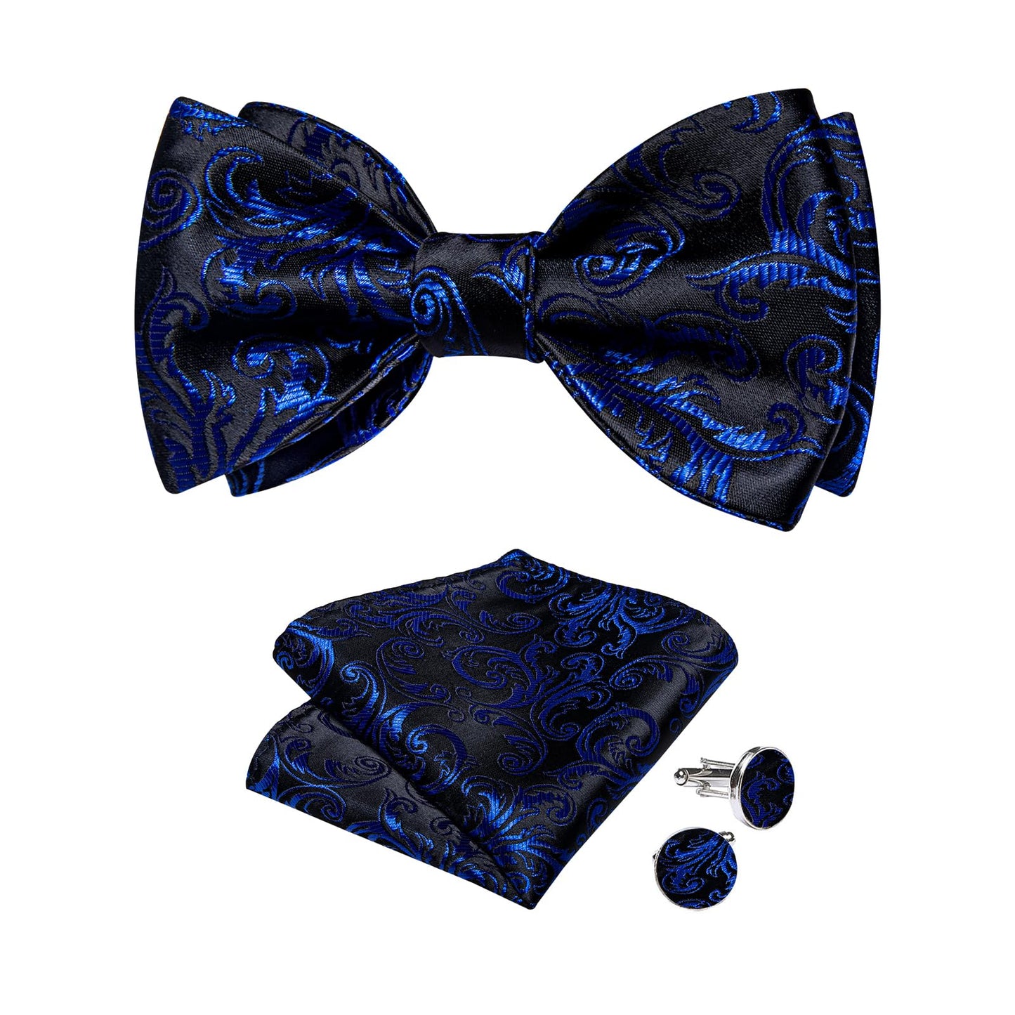 Mens Silk Self Bow Ties,Woven Solid Striped Paisley Bowtie and Pocket Square Cufflinks Set for Men Tuxedo Wedding