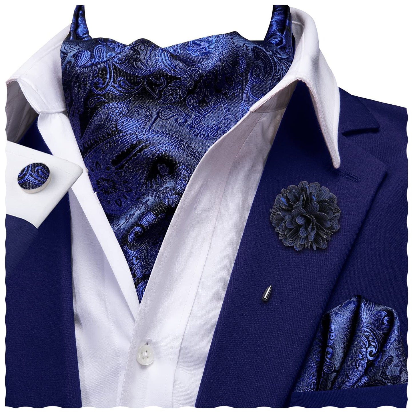 Ascot for Men Silk Cravat Handkerchief Cufflinks Lapel Pin Scarf Tie Sets Wedding Party Formal