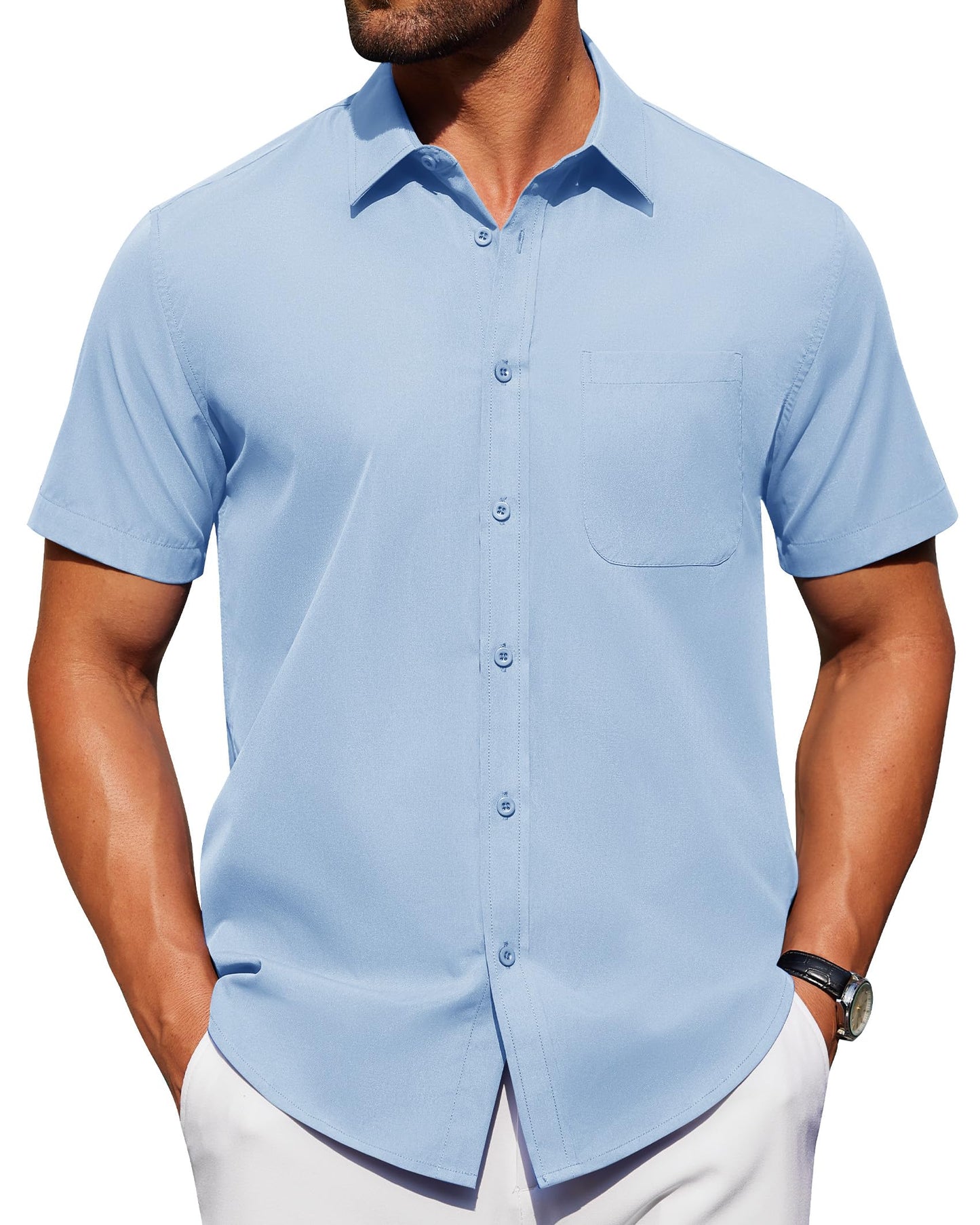 Alimens & Gentle Mens Short Sleeve Dress Shirt Wrinkle Free Solid Casual Button Down Shirts for Summer Business Wedding