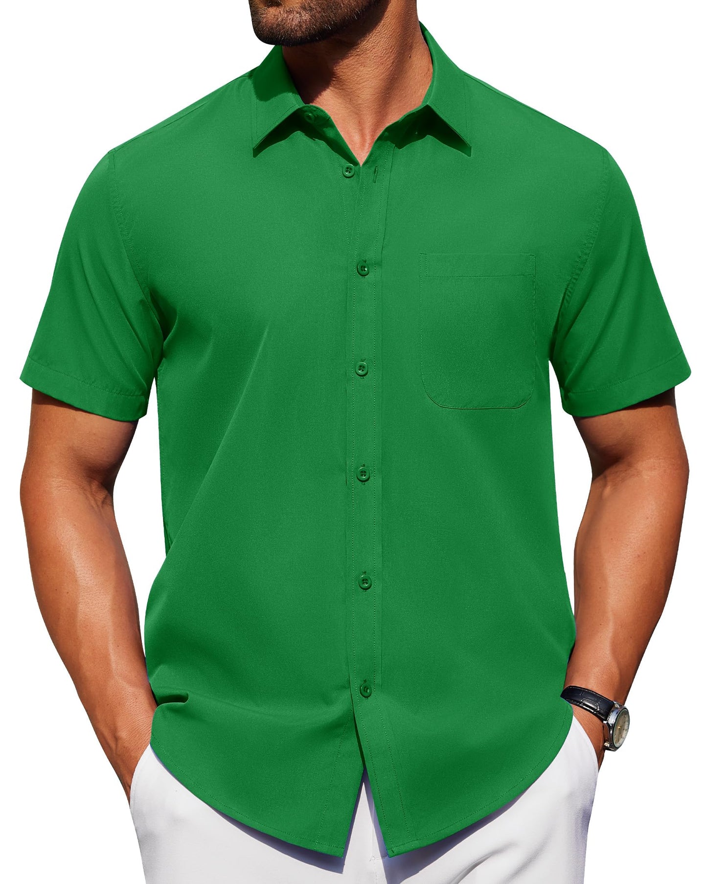 Alimens & Gentle Mens Short Sleeve Dress Shirt Wrinkle Free Solid Casual Button Down Shirts for Summer Business Wedding