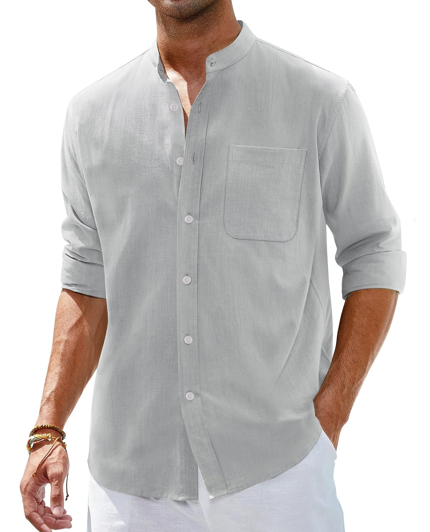 Alimens & Gentle Men's Cotton Linen Shirts Long Sleeve Button Down Shirt Band Collar Beach Shirts