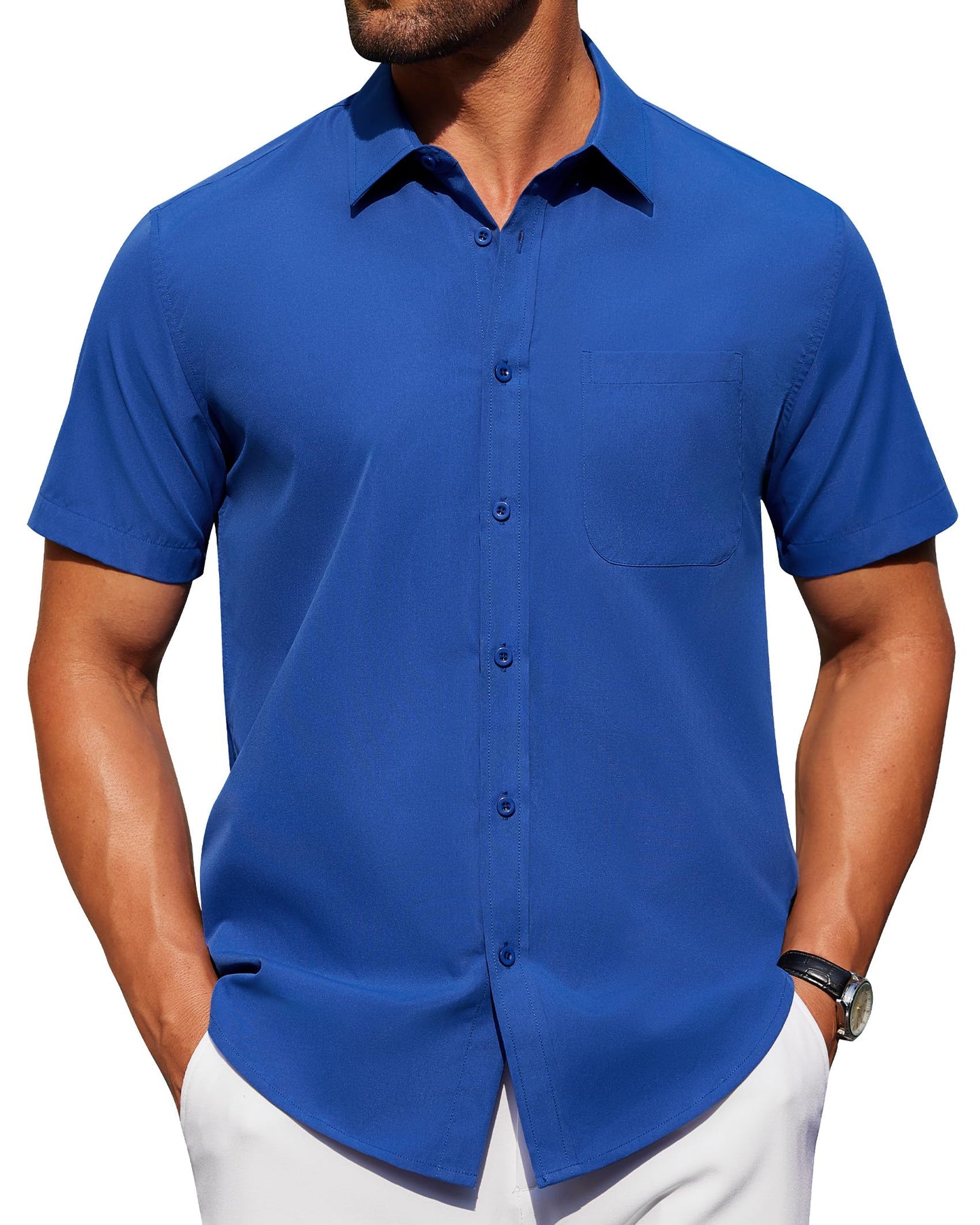 Alimens & Gentle Mens Short Sleeve Dress Shirt Wrinkle Free Solid Casual Button Down Shirts for Summer Business Wedding