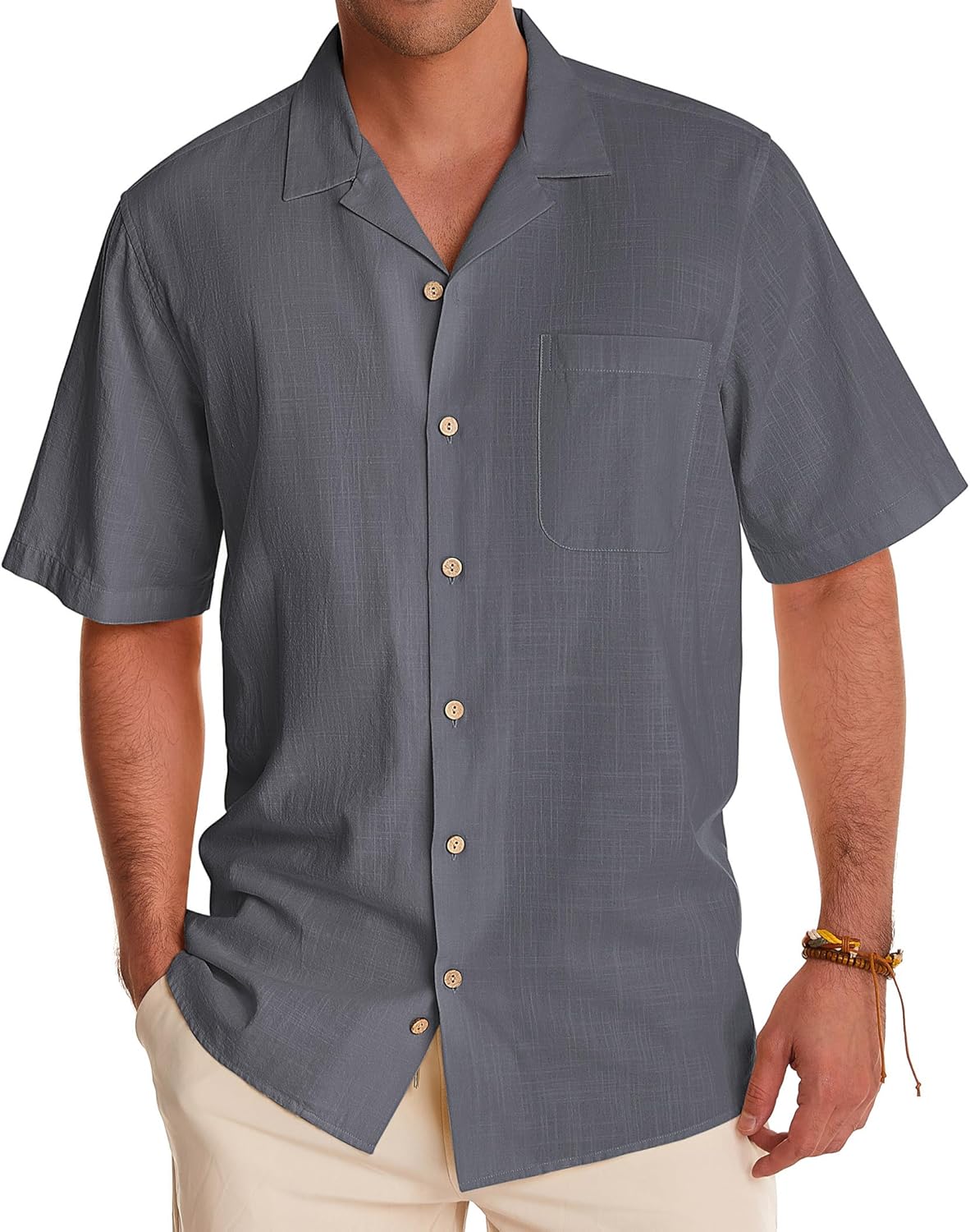 Alimens & Gentle Cuban Linen Shirts for Men Short Sleeve Button Down Shirt Cotton Summer Beach Camp Vacation Hawaiian Shirts