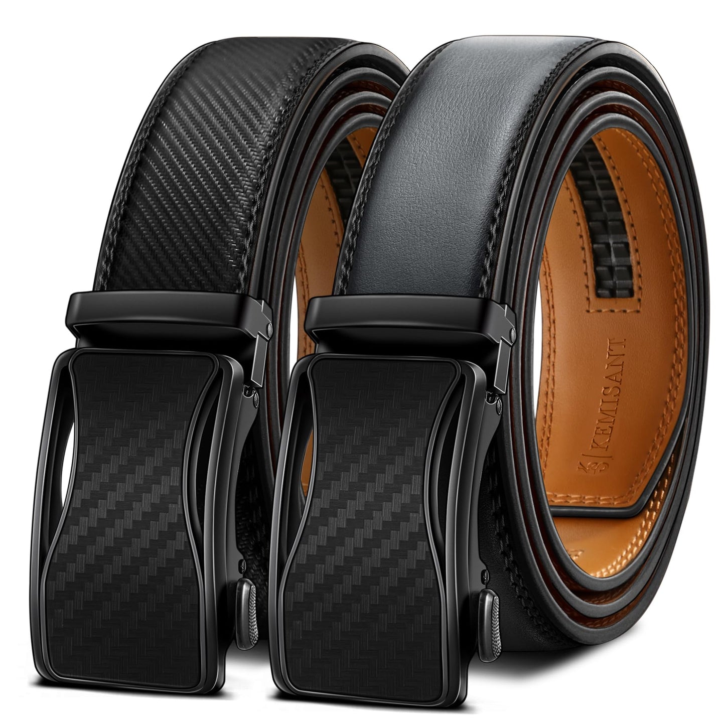 KEMISANT Mens Ratchet Belt 2 Units,Sliding Belt For Gift Mens Dress Casual 1 3/8",Size Adjustable