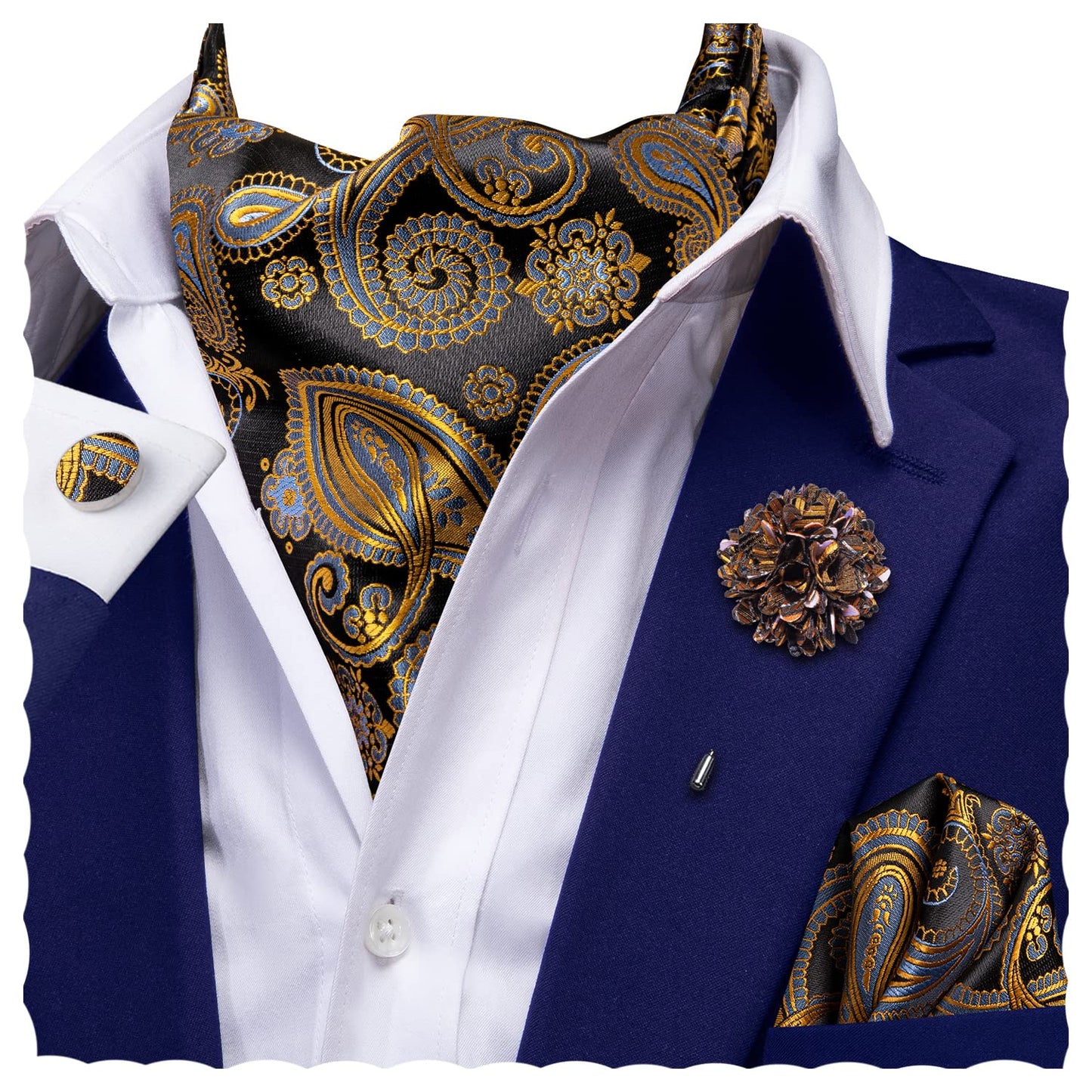Ascot for Men Silk Cravat Handkerchief Cufflinks Lapel Pin Scarf Tie Sets Wedding Party Formal
