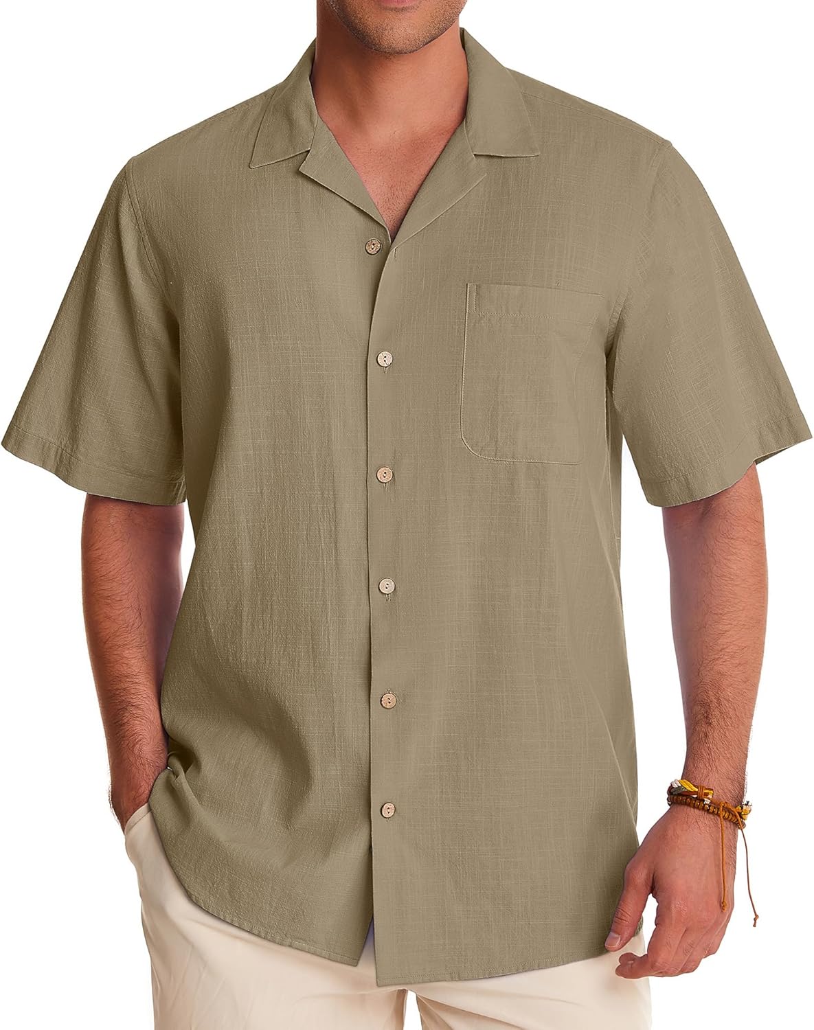 Alimens & Gentle Cuban Linen Shirts for Men Short Sleeve Button Down Shirt Cotton Summer Beach Camp Vacation Hawaiian Shirts