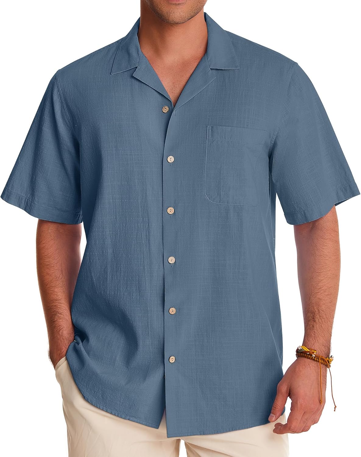 Alimens & Gentle Cuban Linen Shirts for Men Short Sleeve Button Down Shirt Cotton Summer Beach Camp Vacation Hawaiian Shirts