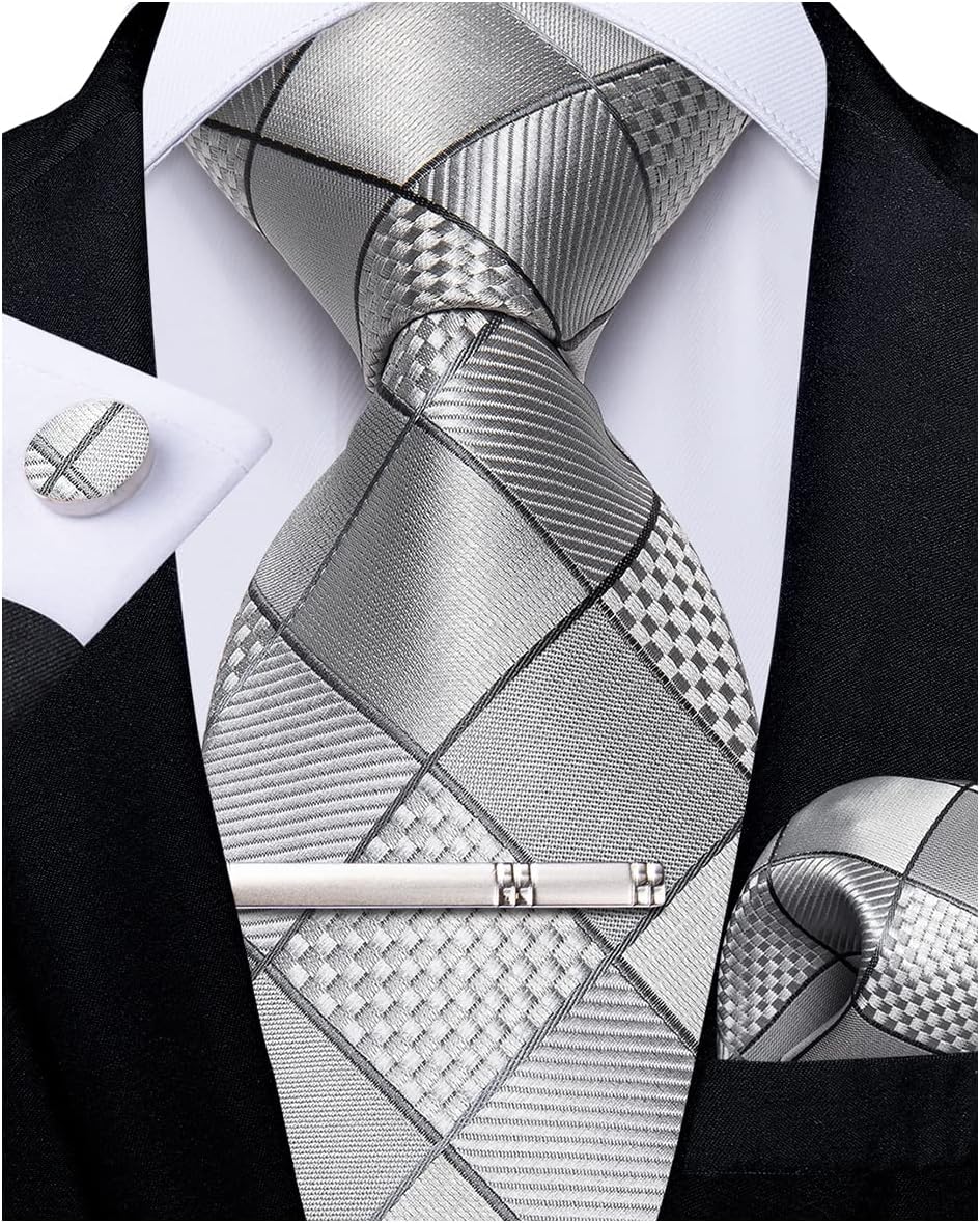 Plaid Ties for Men Silk Checkered Necktie and Pocket Square Cufflinks Tie Clip Set with Gift Box for Wedding Business