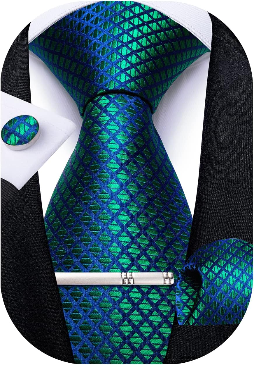 Plaid Ties for Men Silk Checkered Necktie and Pocket Square Cufflinks Tie Clip Set with Gift Box for Wedding Business