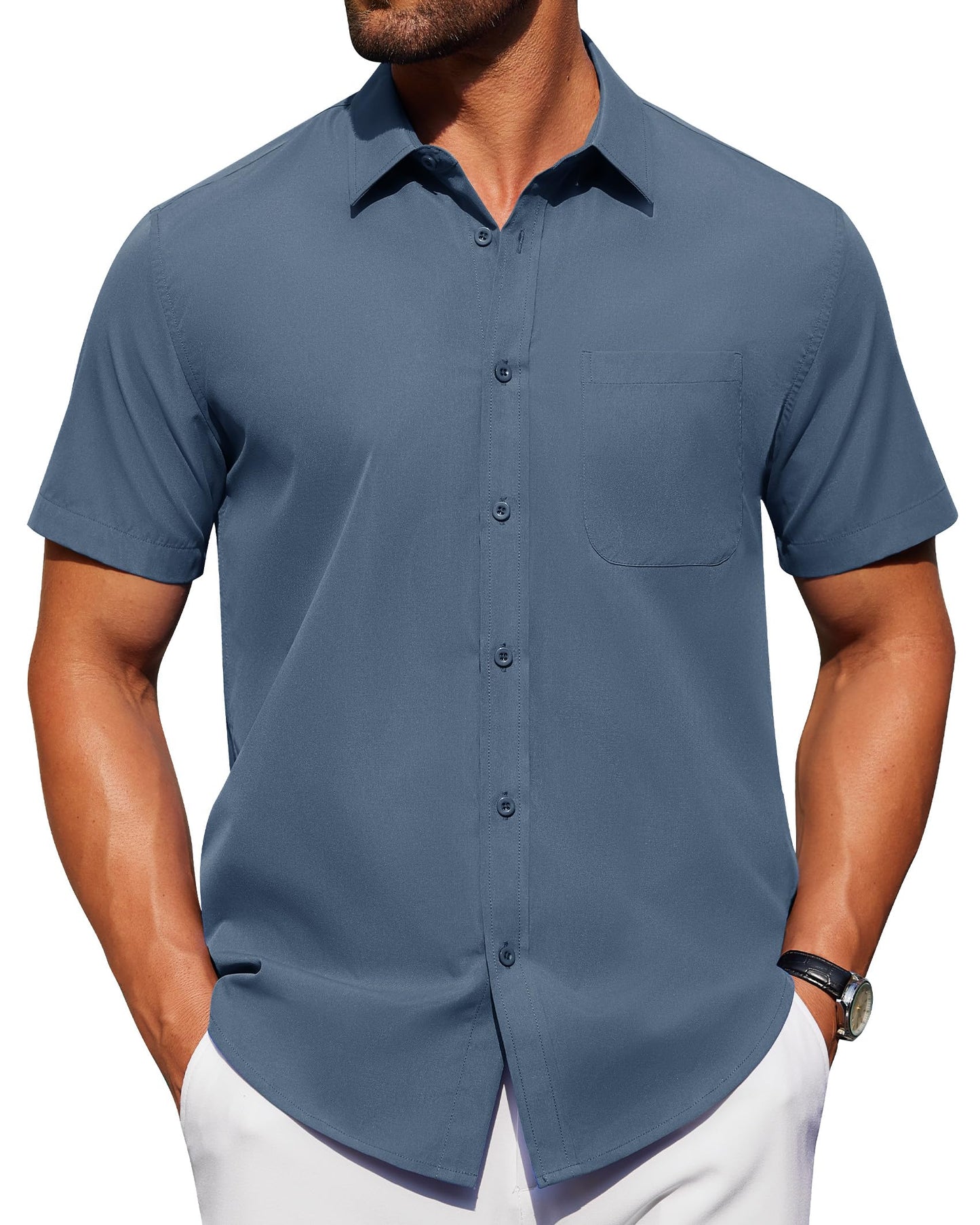 Alimens & Gentle Mens Short Sleeve Dress Shirt Wrinkle Free Solid Casual Button Down Shirts for Summer Business Wedding