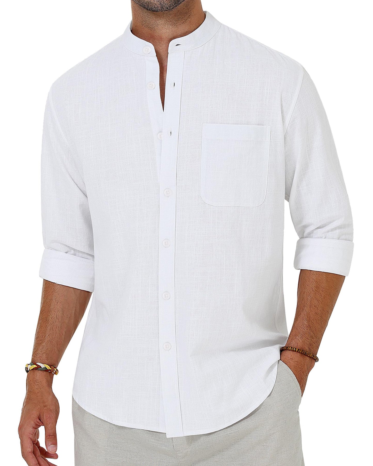 Alimens & Gentle Men's Cotton Linen Shirts Long Sleeve Button Down Shirt Band Collar Beach Shirts