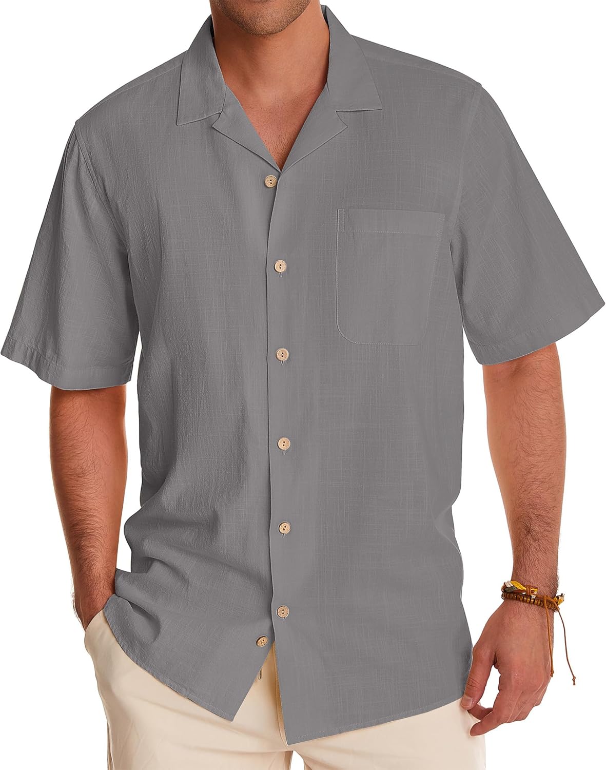 Alimens & Gentle Cuban Linen Shirts for Men Short Sleeve Button Down Shirt Cotton Summer Beach Camp Vacation Hawaiian Shirts
