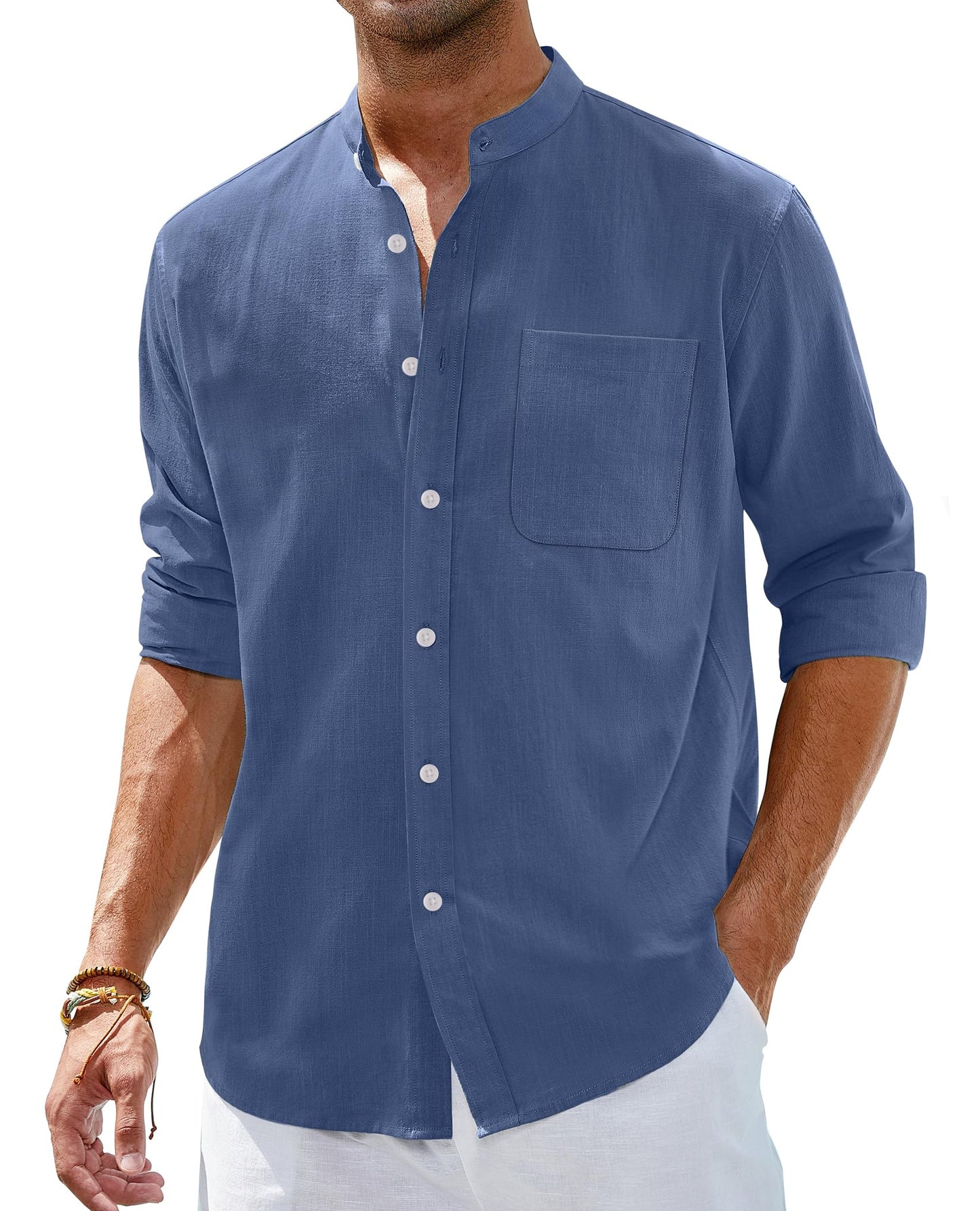 Alimens & Gentle Men's Cotton Linen Shirts Long Sleeve Button Down Shirt Band Collar Beach Shirts